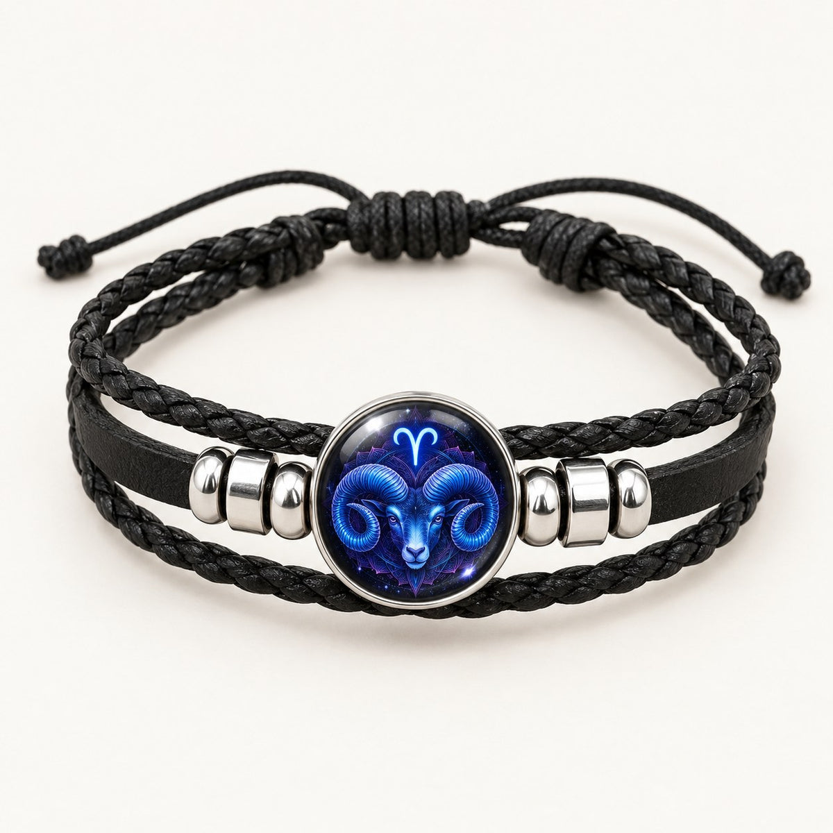 The Pomence Zodiac Leather Bracelet alone in an open loop with the glass zodiac dome facing the camera and the sign legible