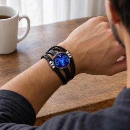 A man at a wooden table wearing the Pomence Zodiac Leather Bracelet, the glass zodiac dome visible on the top of his wrist