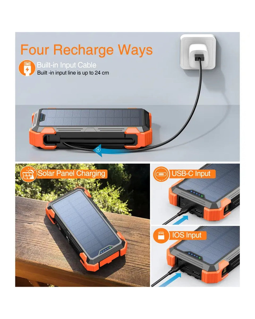 Four recharge ways: solar panel, built-in cable, USB-C, iOS input