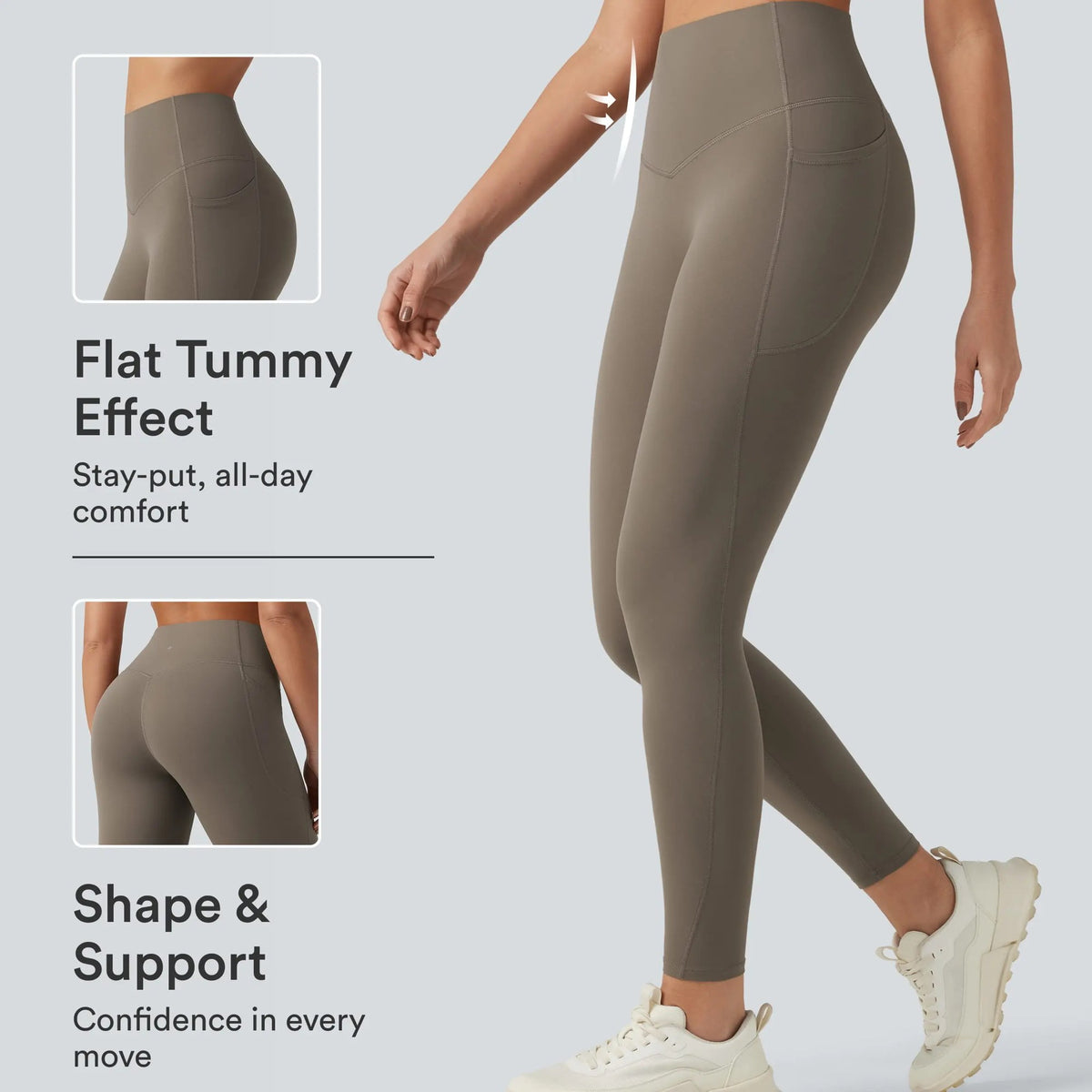 High Waisted Tummy Control Sculpt Leggings with Pockets in Dawn Brown