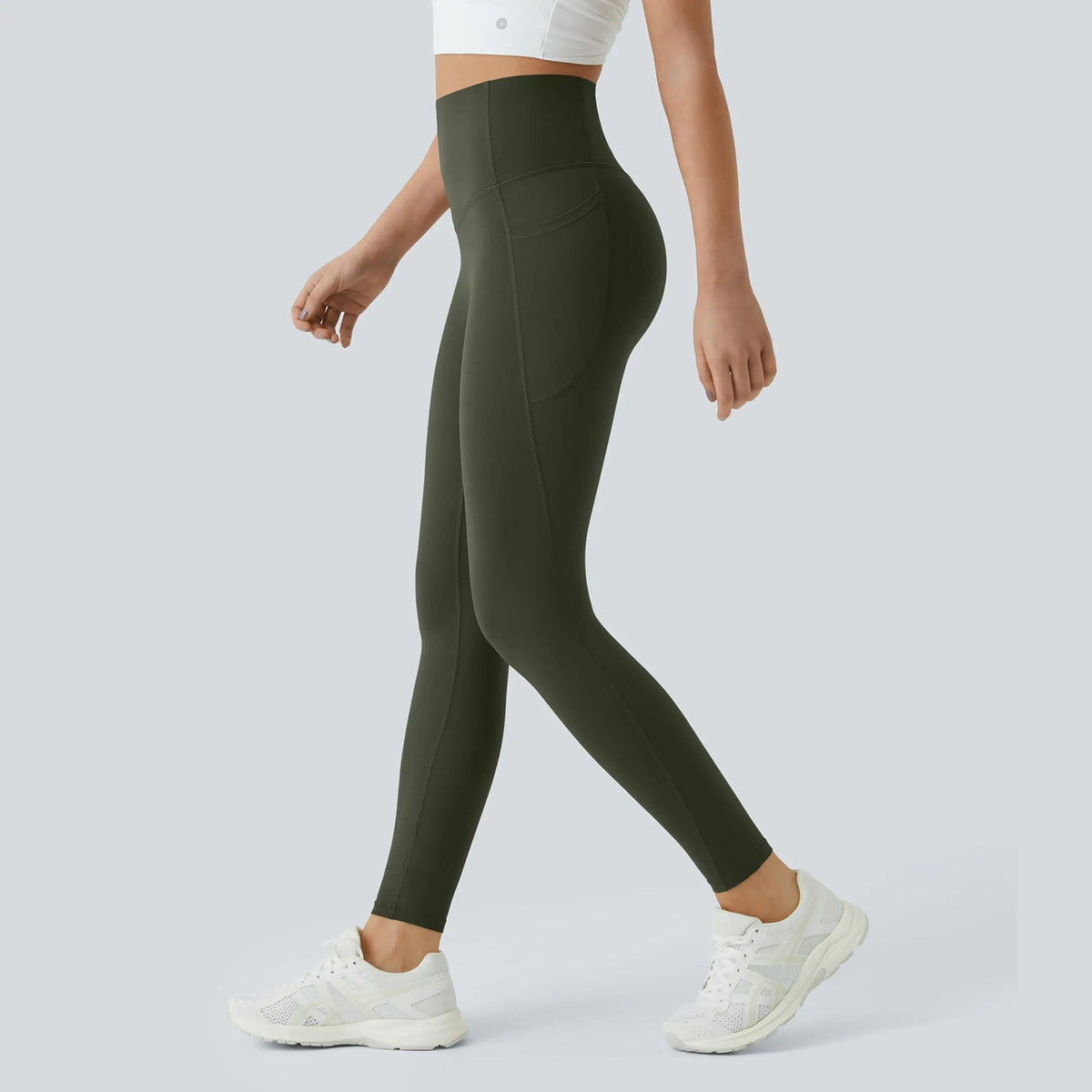 High Waisted Tummy Control Sculpt Leggings with Pockets in Deep Woodland Green