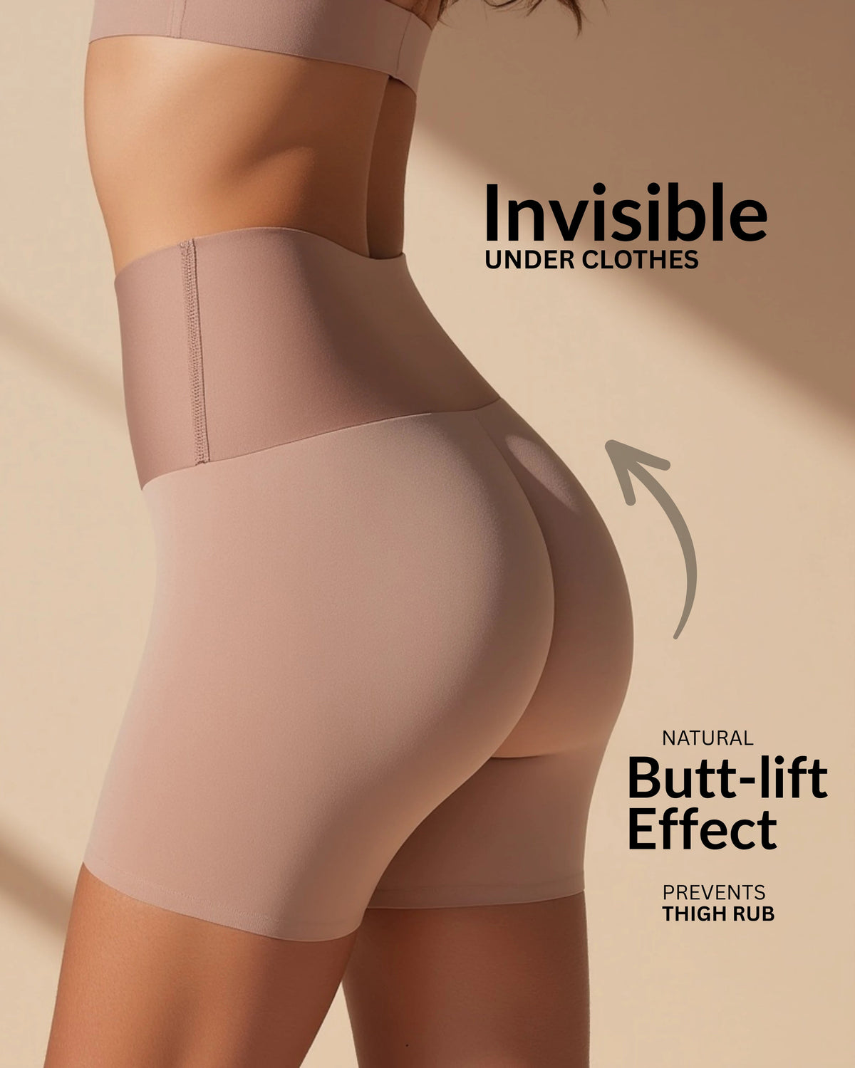 High waisted mid thigh slip short, smooth leg bands