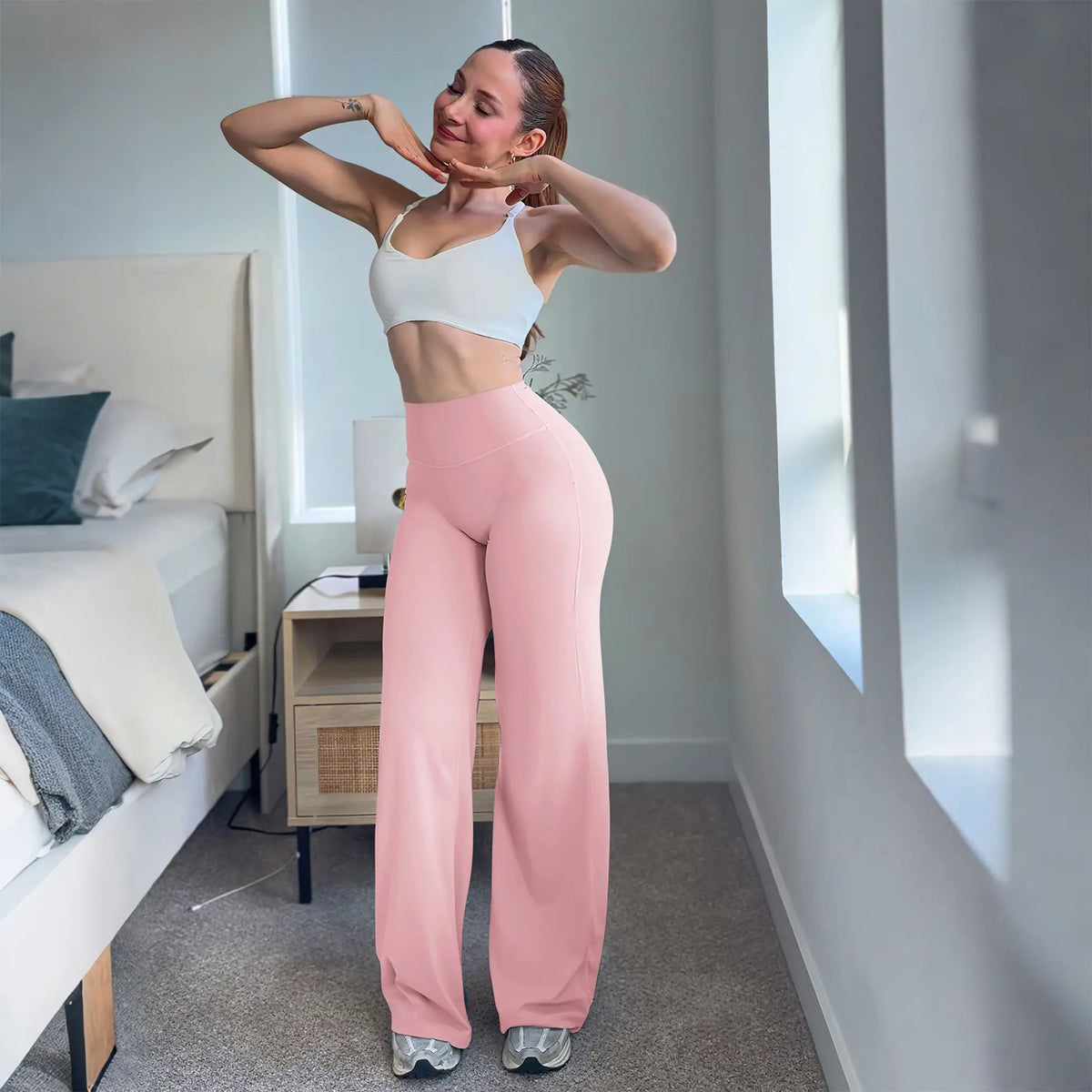 High-waisted straight leg yoga leggings, front view