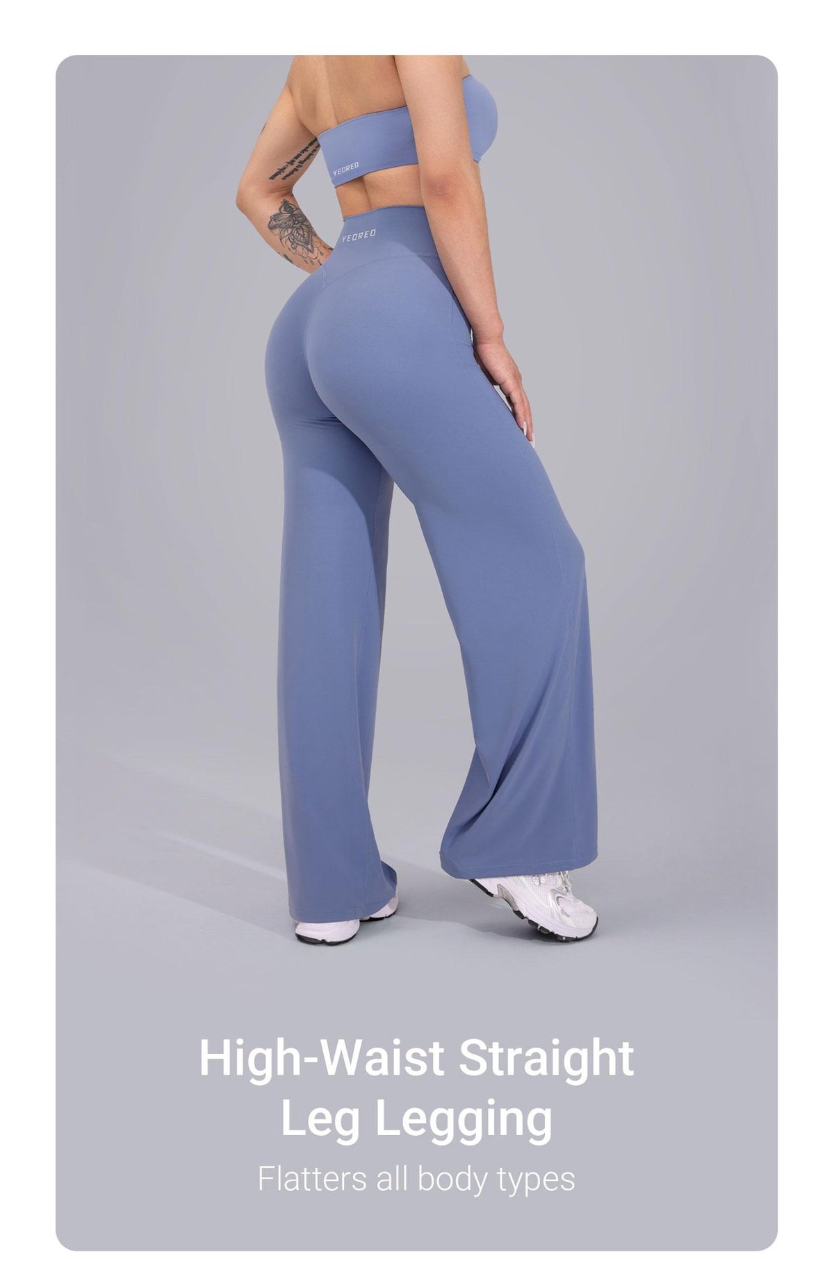 High-waist straight leg legging, flatters all body types