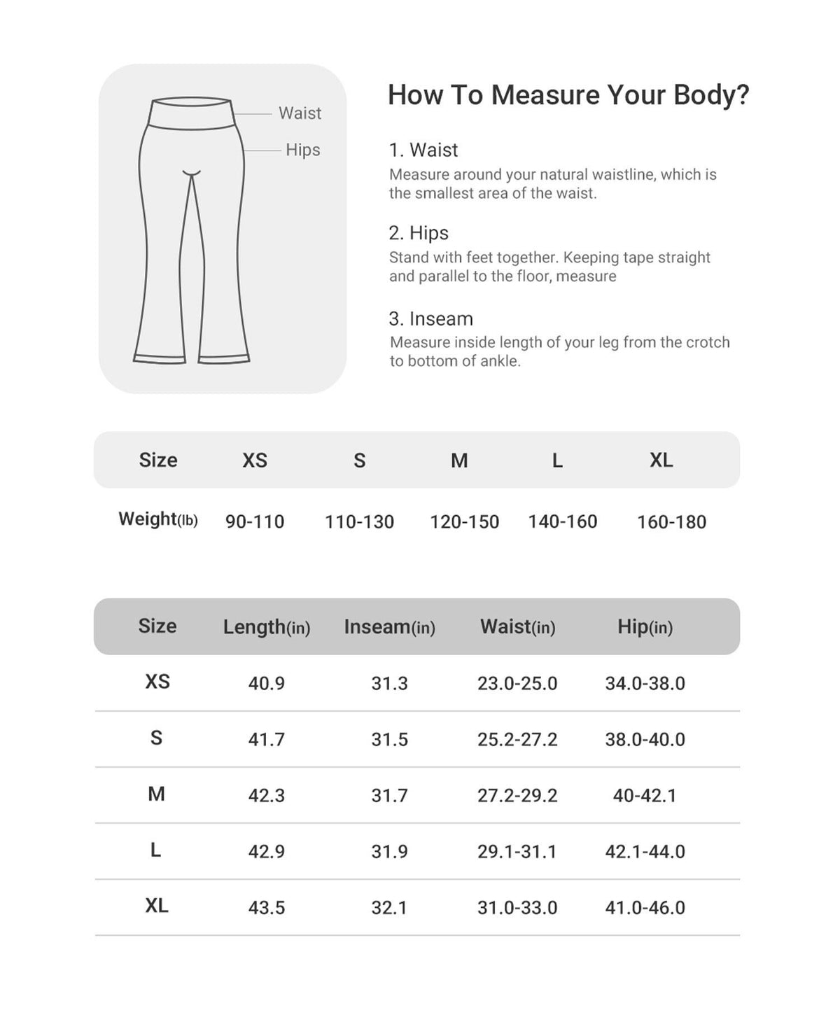 High-Waisted Straight Leg Yoga Leggings size chart