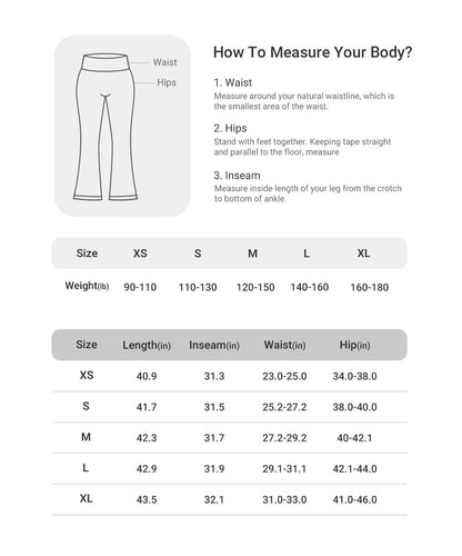 High-Waisted Straight Leg Yoga Leggings size chart