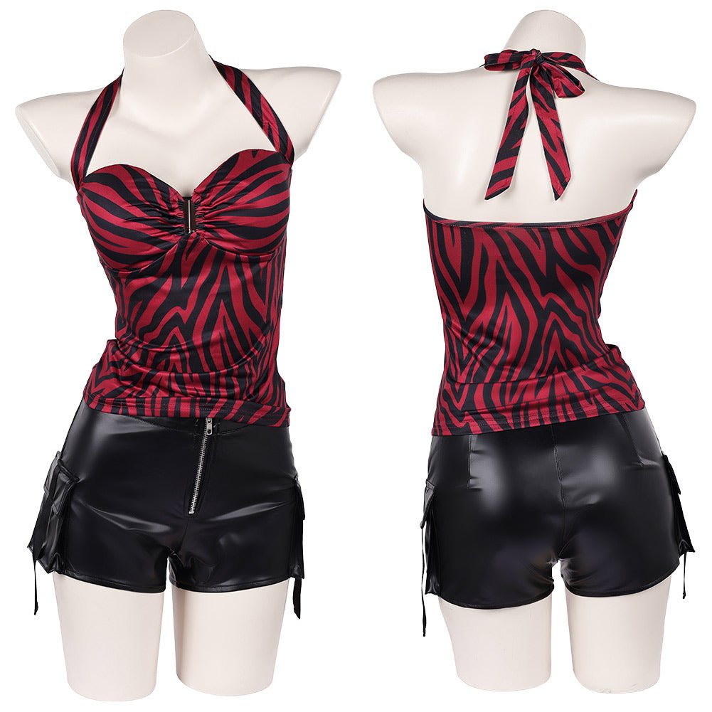 Pomence™ Nikki Halloween Costume Set: Red Zebra Halter Top + Faux Leather Cargo Shorts