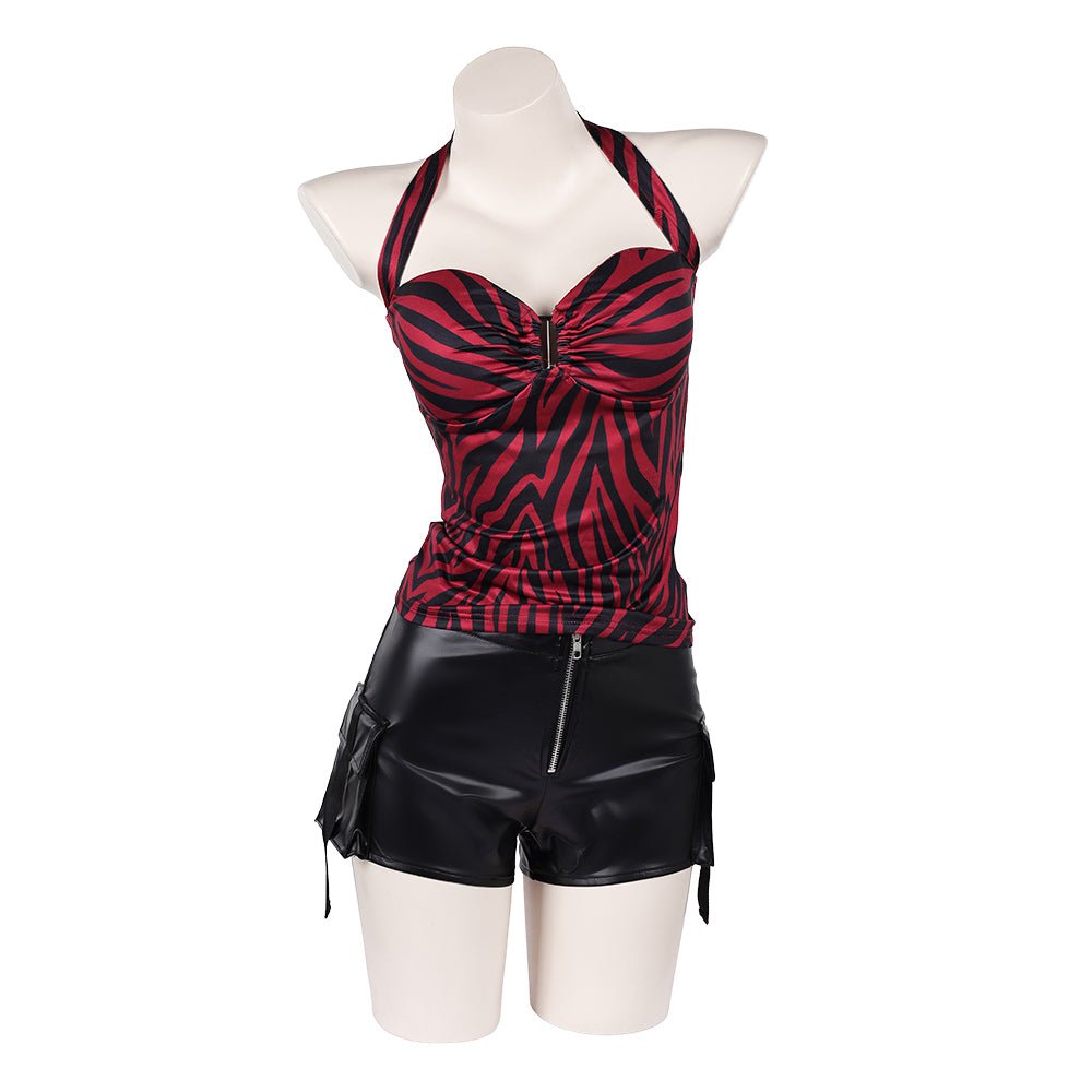 Pomence™ Nikki Halloween Costume Set: Red Zebra Halter Top + Faux Leather Cargo Shorts