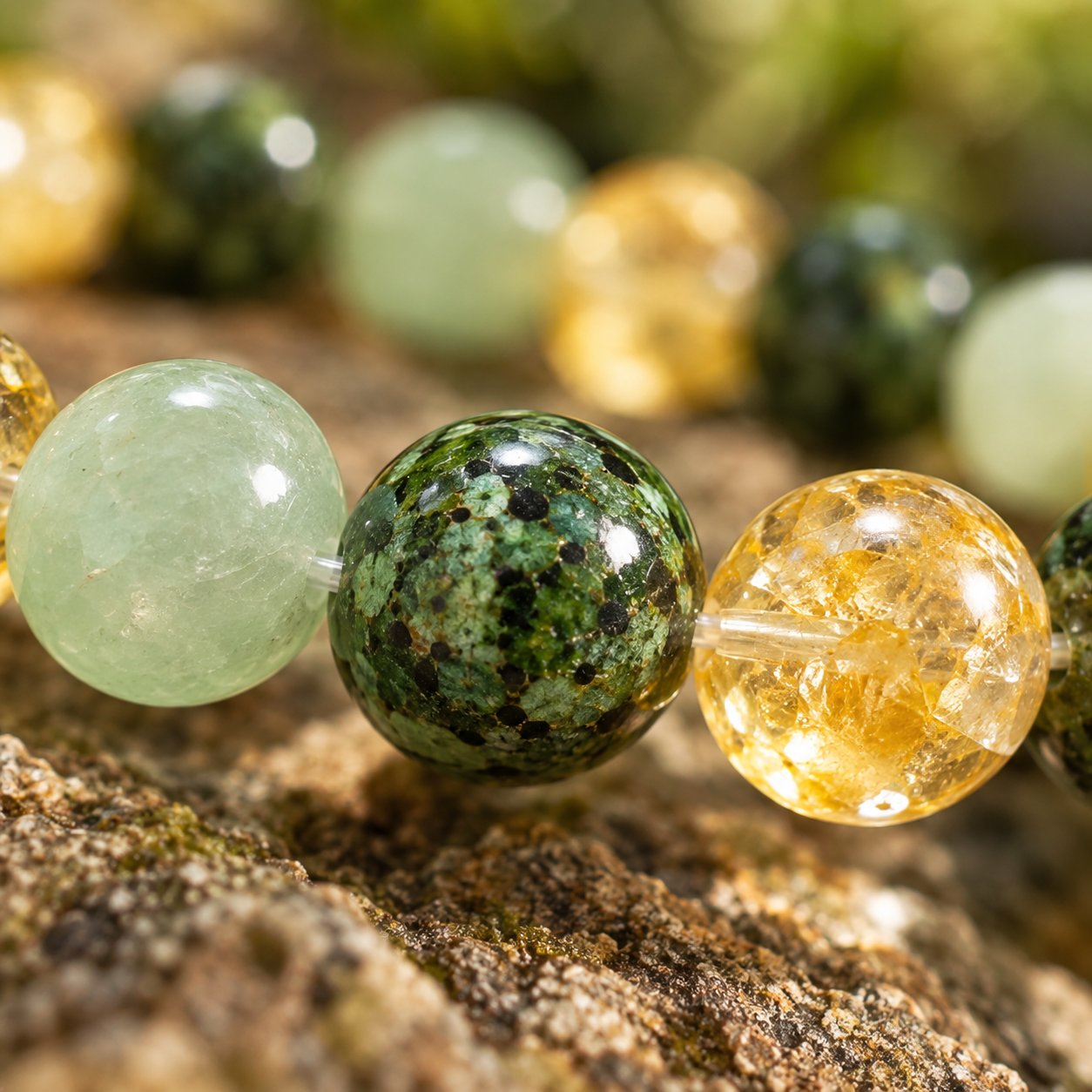 Macro of a dark green African turquoise bead on the Pomence Three Stone Abundance Bracelet, showing its black speckles