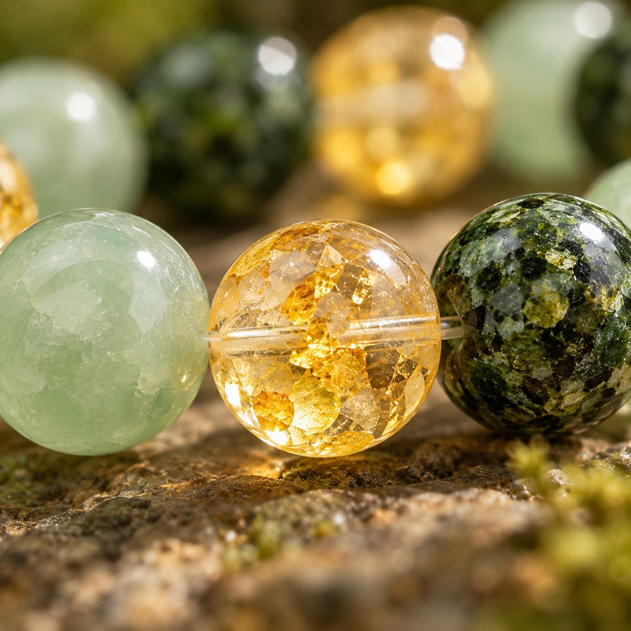 Macro of a translucent golden citrine bead on the Pomence Three Stone Abundance Bracelet