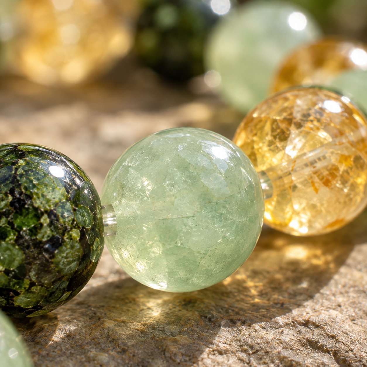 Macro of a pale milky green aventurine bead on the Pomence Three Stone Abundance Bracelet