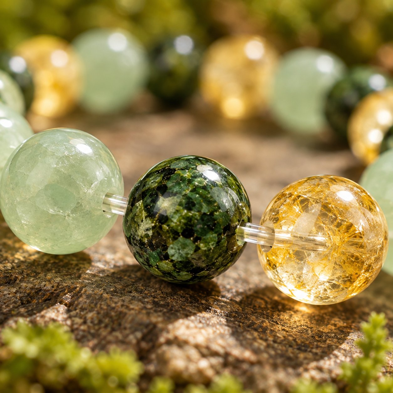 Macro of the clear elastic cord running through three beads on the Pomence Three Stone Abundance Bracelet
