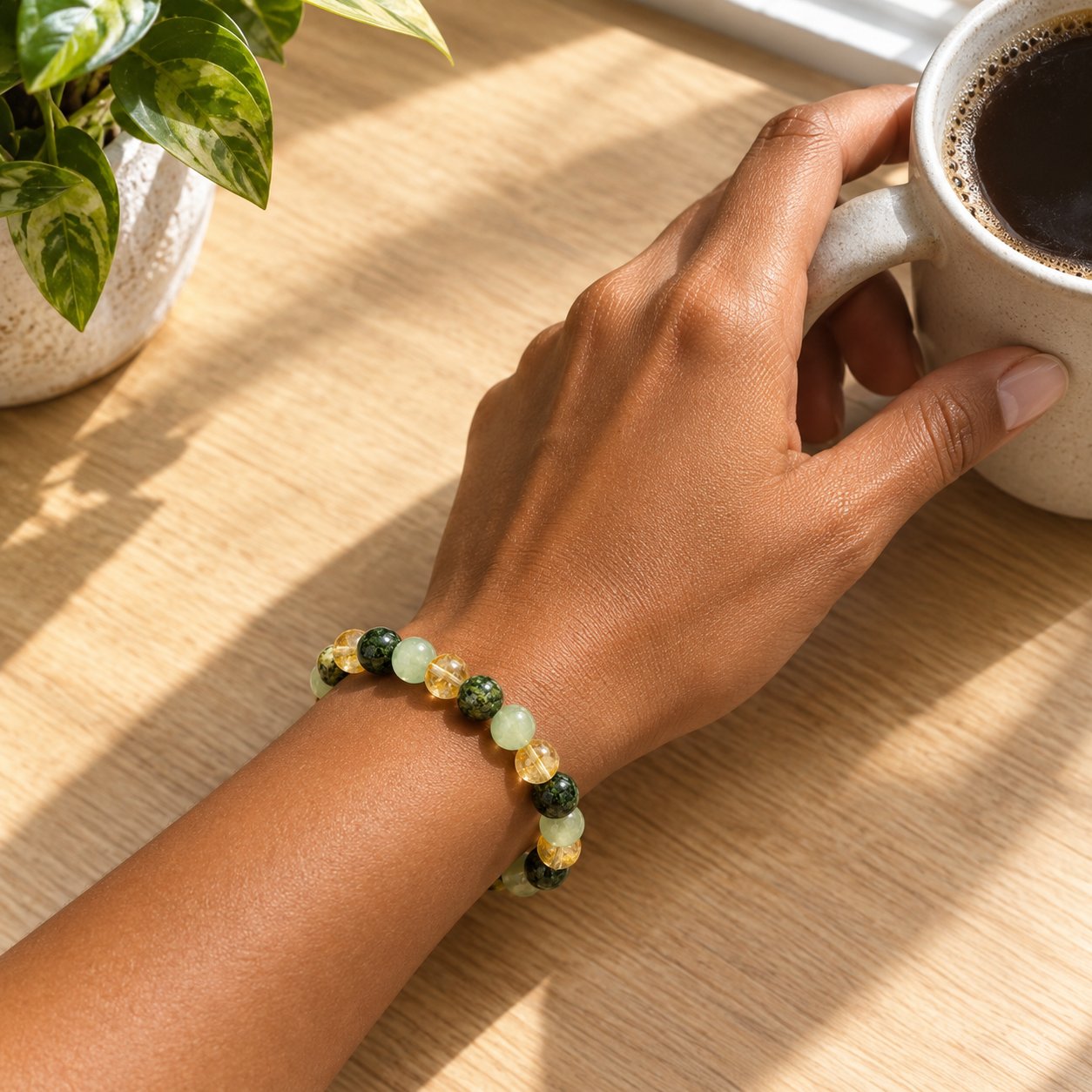 A hand wearing the Pomence Three Stone Abundance Bracelet reaching across a table, showing it sitting loosely on the wrist
