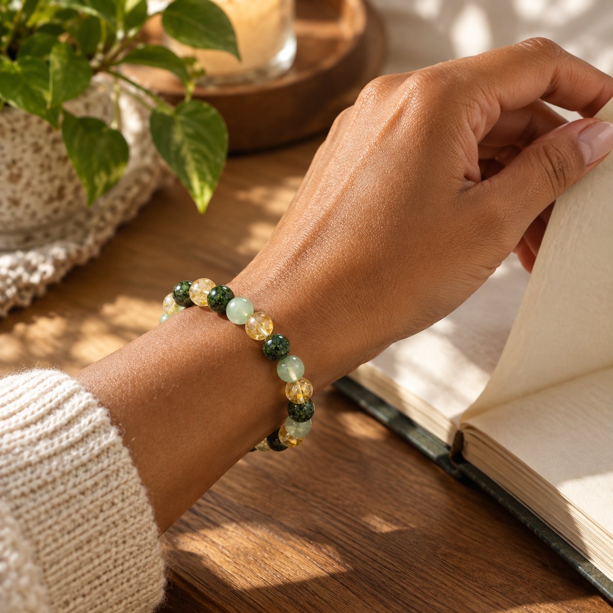 The Pomence Three Stone Abundance Bracelet on a wrist while holding an open book
