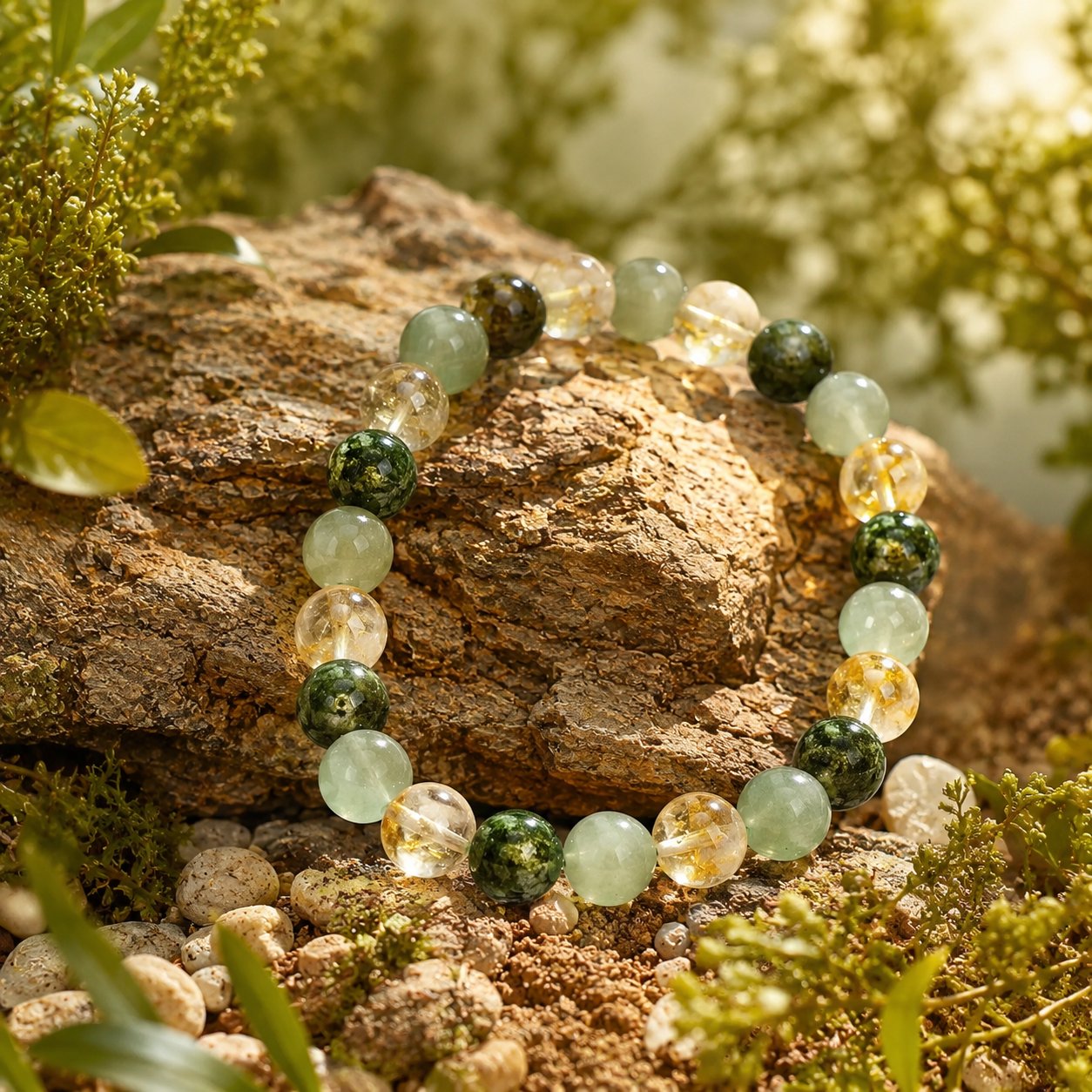 The Pomence Three Stone Abundance Bracelet resting on a warm stone surface in daylight
