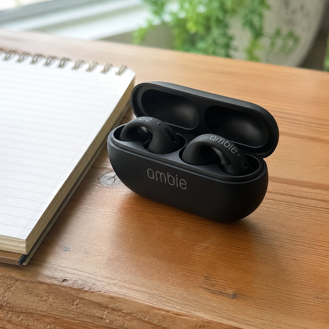 Open Ambie charging case with both earcuffs seated