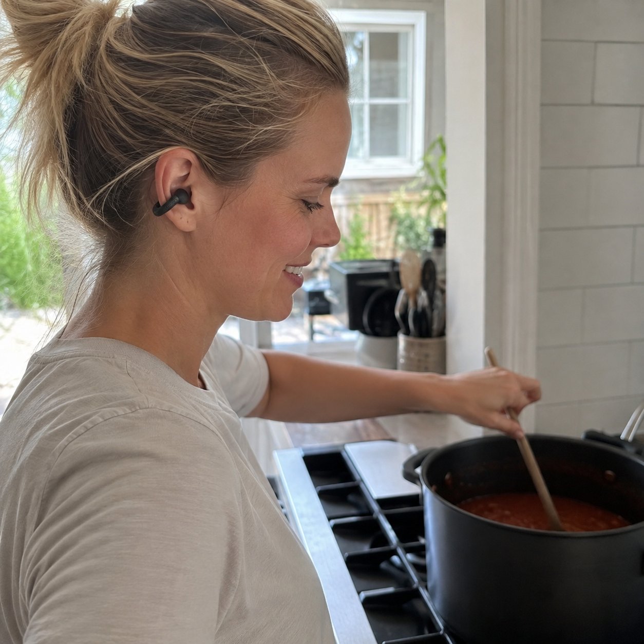 Woman cooking in a kitchen wearing the black earcuff