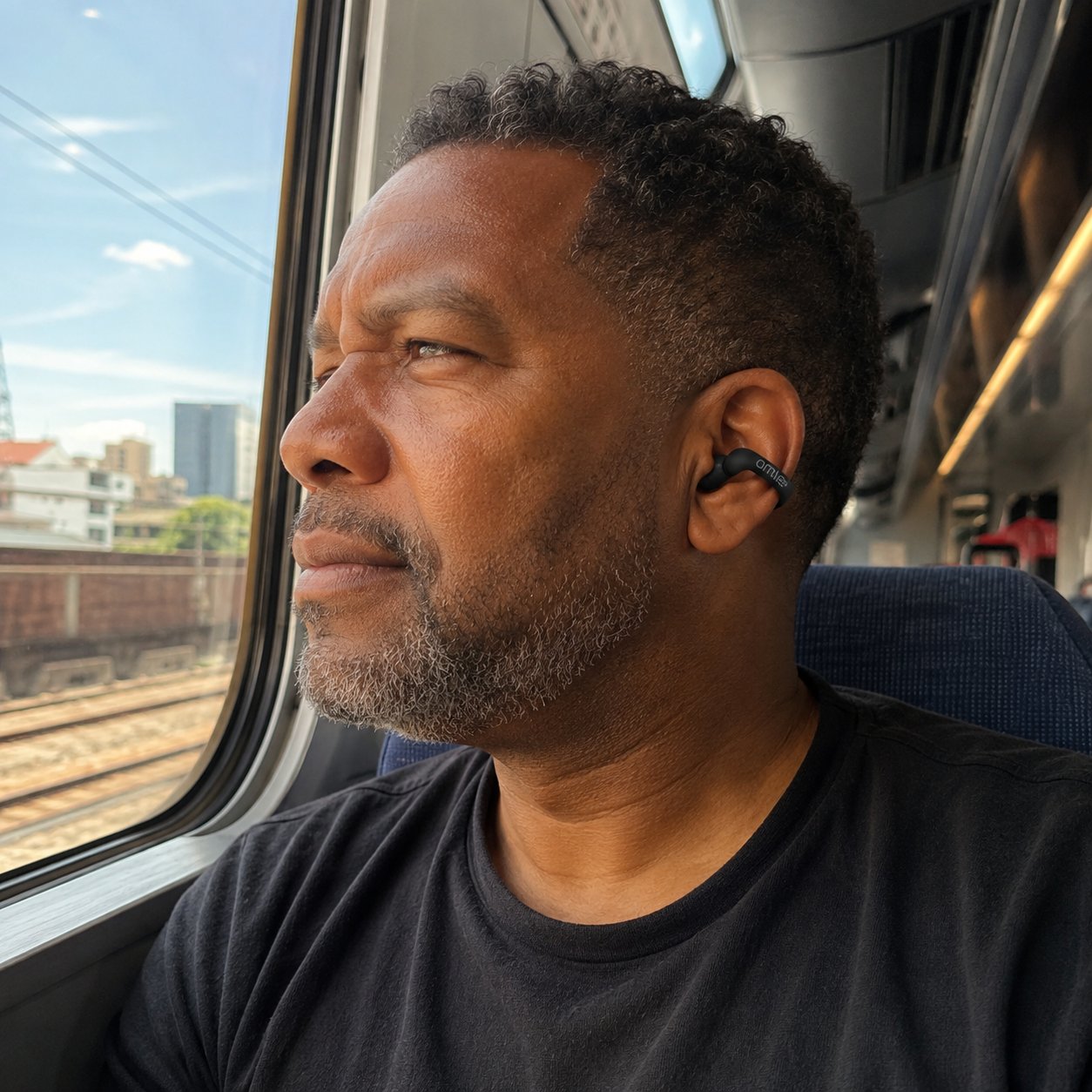 Man on a commuter train wearing the black earcuff