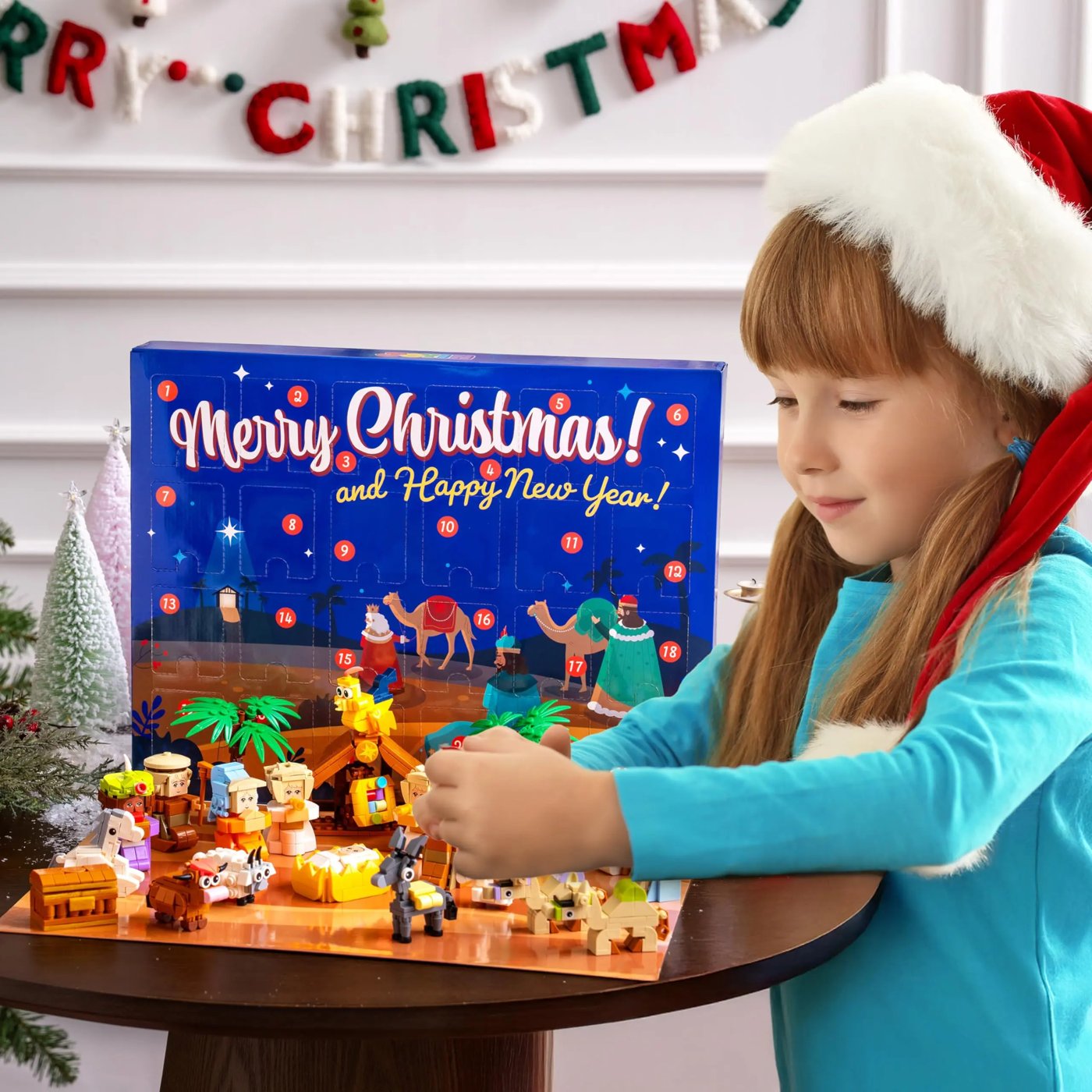 Family opening the Nativity Building Blocks Advent Calendar together