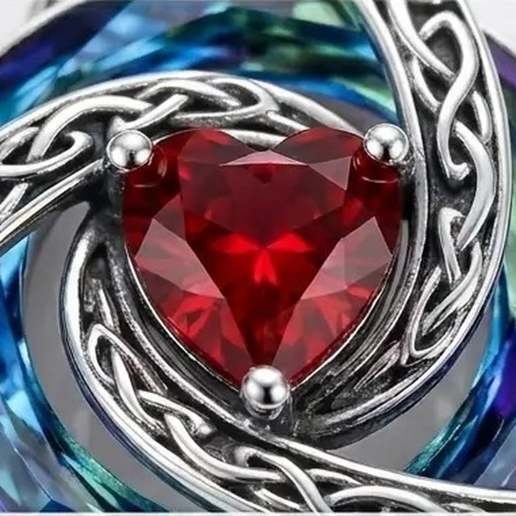 Macro view of the heart shaped birthstone crystal held in small prongs at the center of the knot
