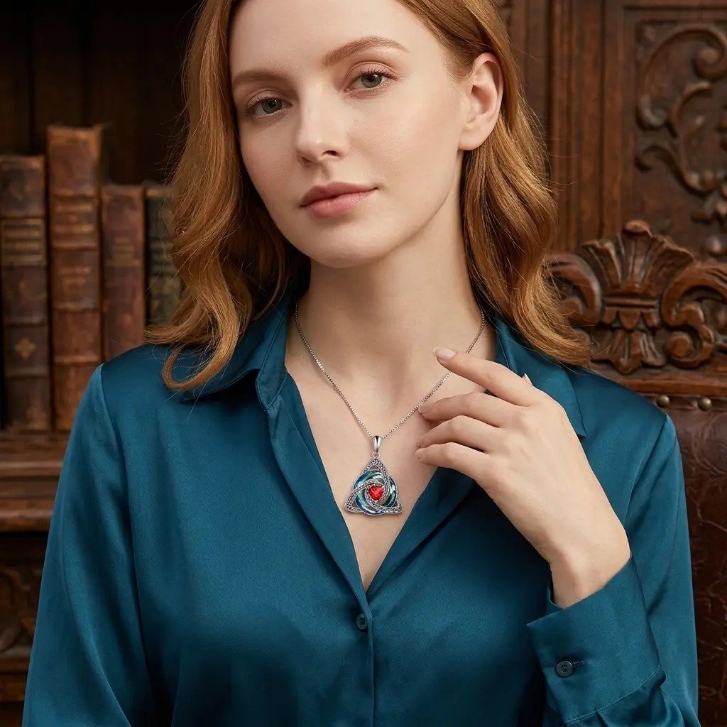 The Pomence Birthstone Celtic Knot Necklace worn at the collarbone, a hand resting at the pendant