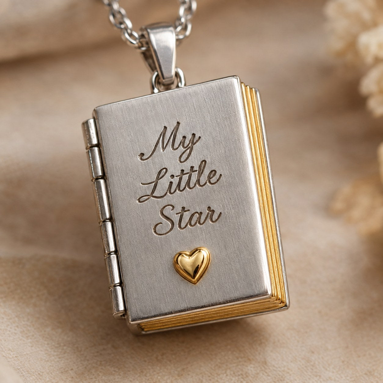 Macro detail of the My Little Star script engraving on the cover of the Pomence My Little Star Book Locket Necklace