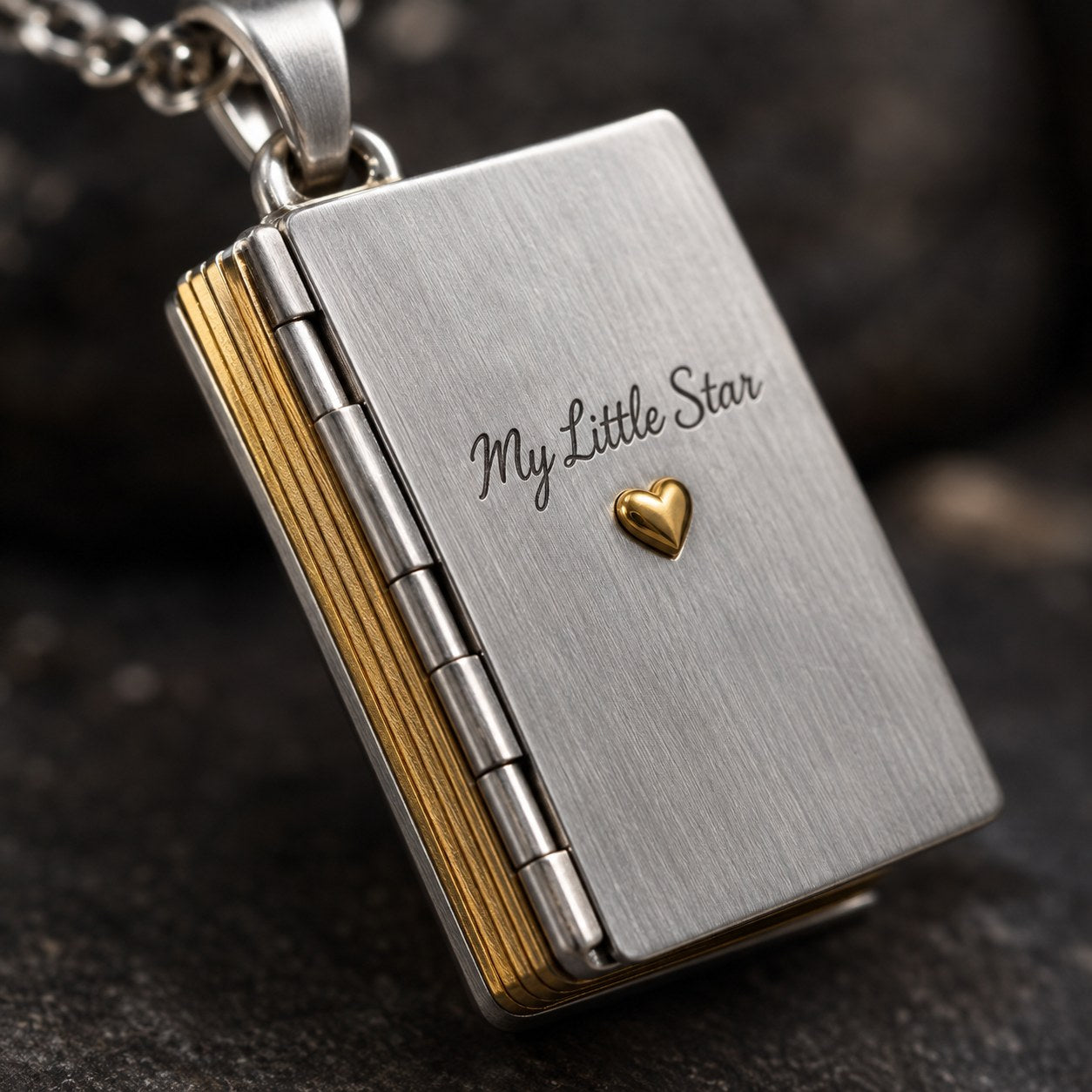 Macro detail of the gold gilt page edges down the spine of the Pomence My Little Star Book Locket Necklace