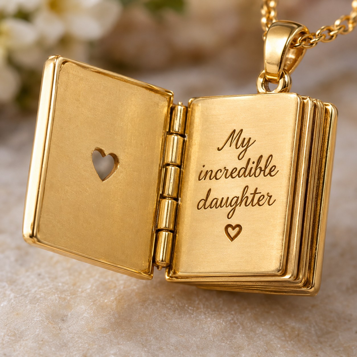 Macro detail of the first engraved spread and the heart cut-out of the Pomence My Little Star Book Locket Necklace