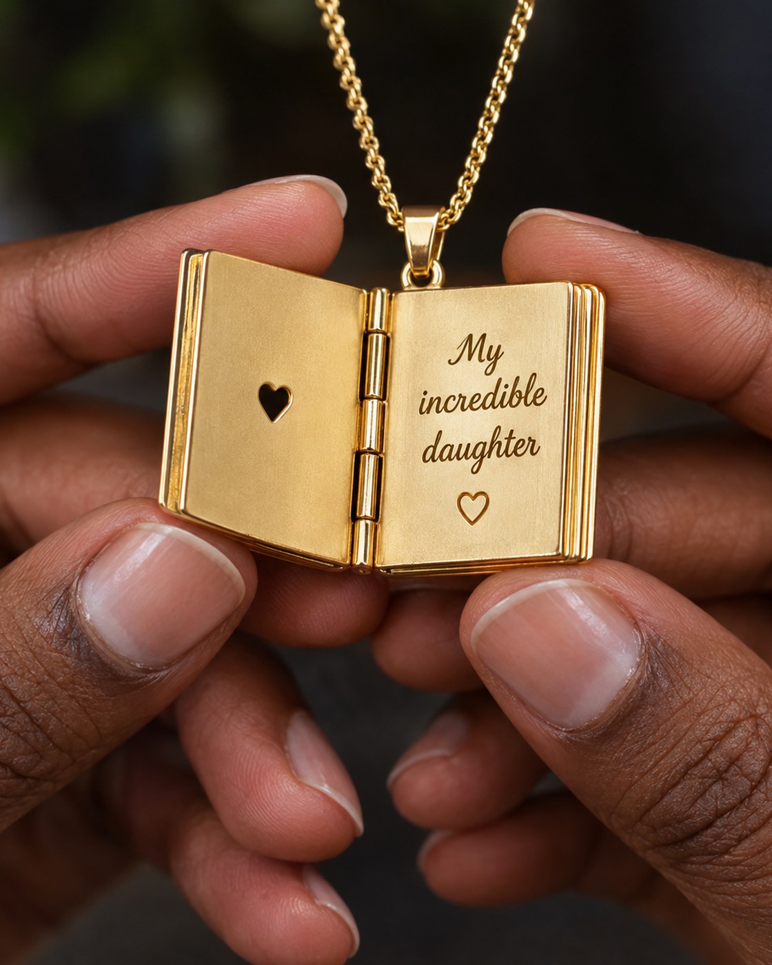 The Pomence My Little Star Book Locket Necklace held fully open at its first engraved spread, the words My incredible daughter readable