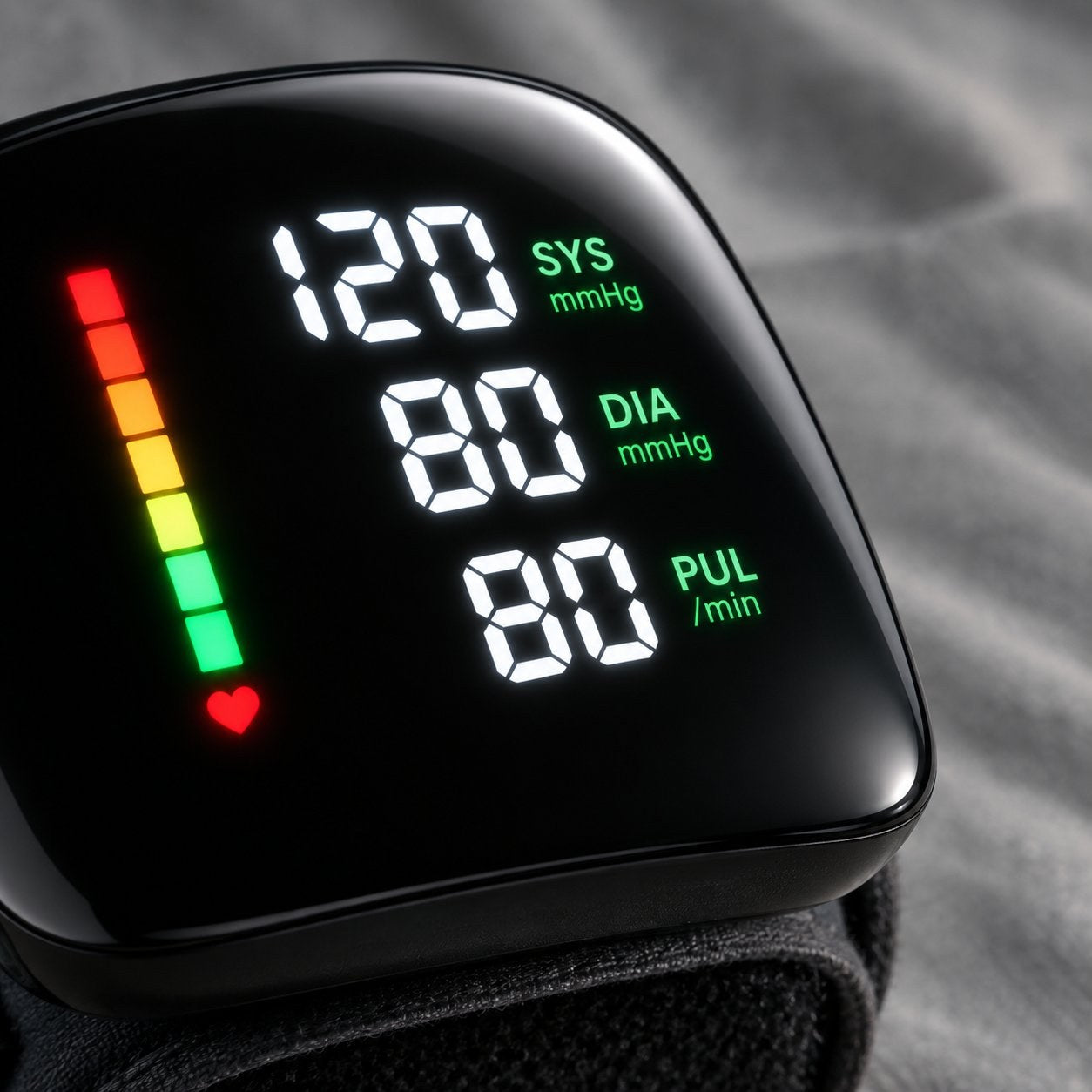 Macro of the lit LED screen on the Pomence wrist blood pressure monitor showing SYS, DIA and PUL with the red to green bar