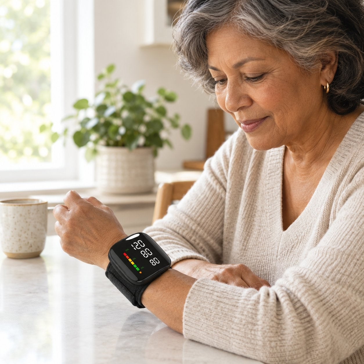A woman in her sixties at a kitchen table with the black Pomence wrist blood pressure monitor on her wrist, the LED screen lit