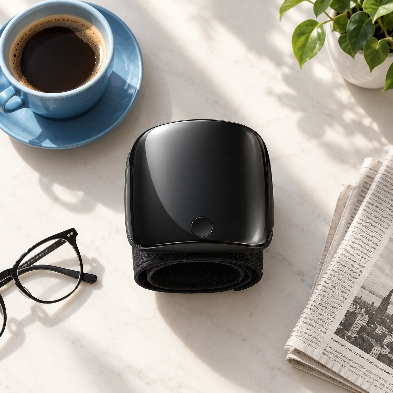 The black Pomence wrist blood pressure monitor resting on a table beside a coffee cup, reading glasses and a folded newspaper