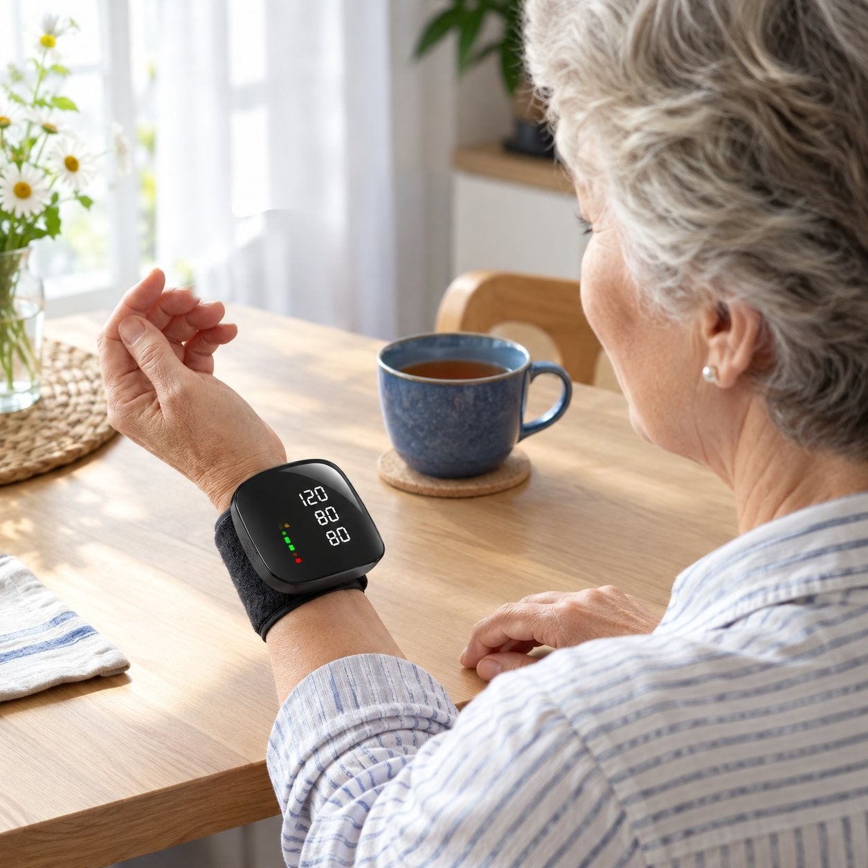 Over the shoulder view of a woman at a kitchen table taking a reading with the black Pomence wrist blood pressure monitor