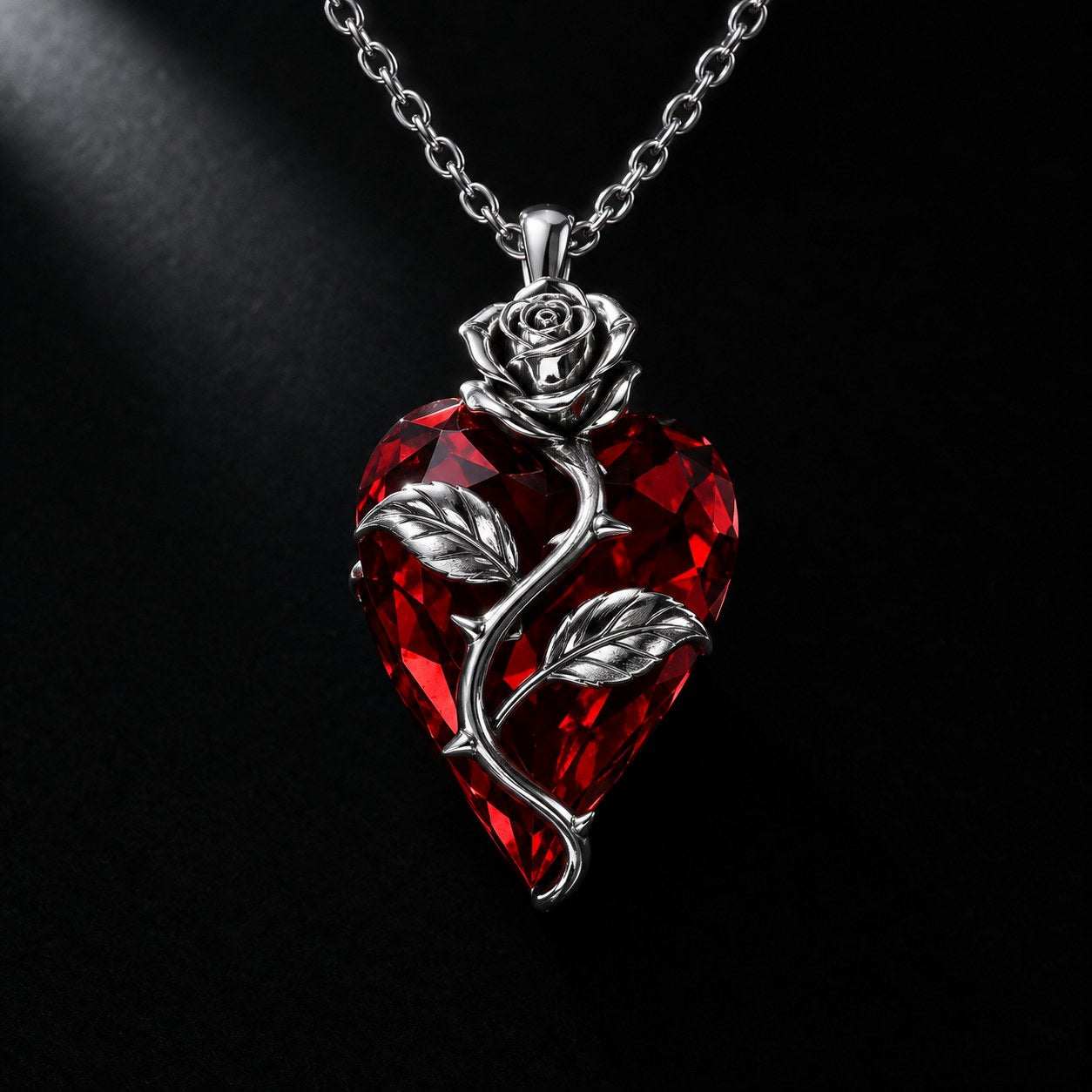 The Pomence Blood Rose Necklace in Silver, the same red heart with a bright silver rose and thorned stem