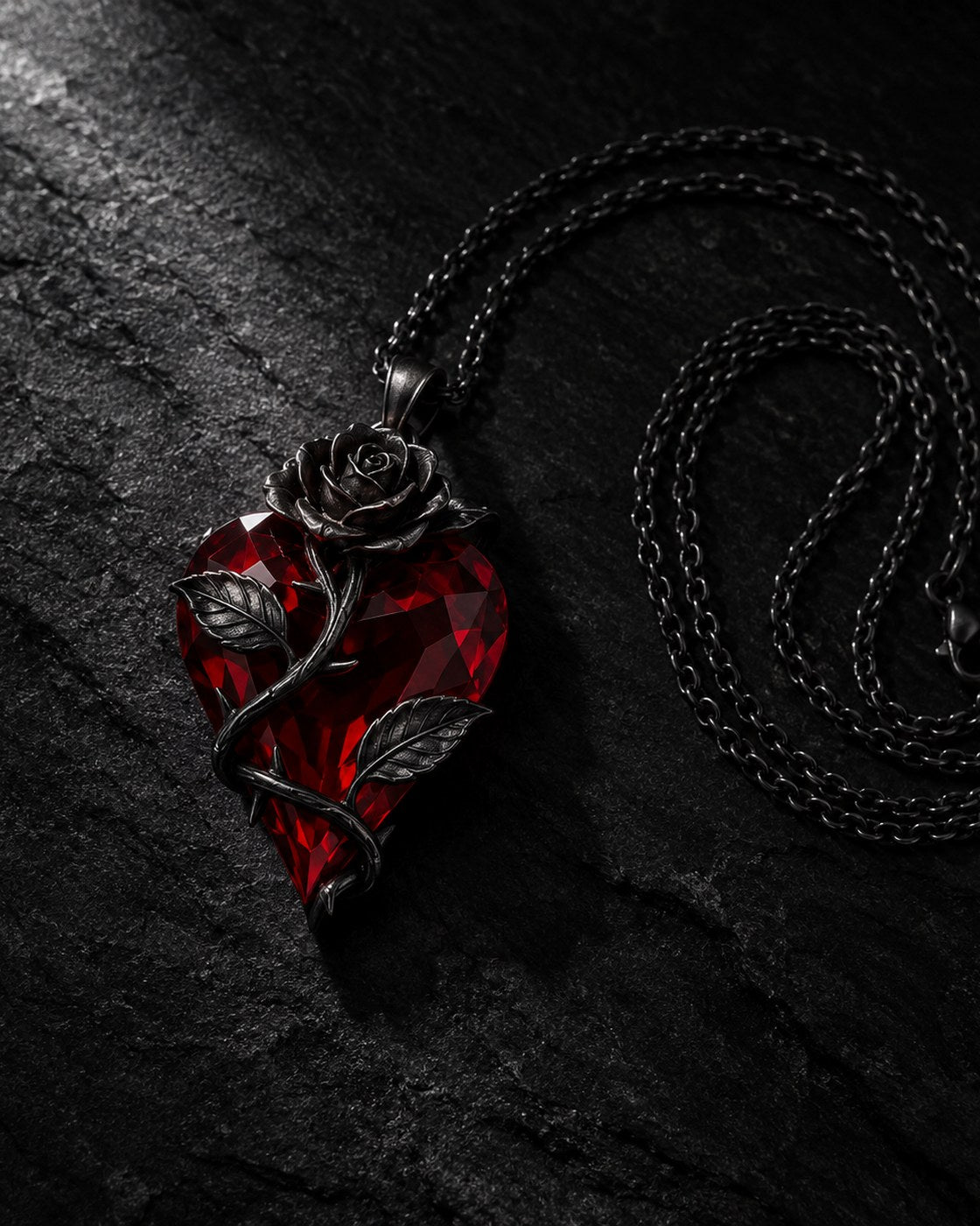 The Pomence Blood Rose Necklace alone on a dark background