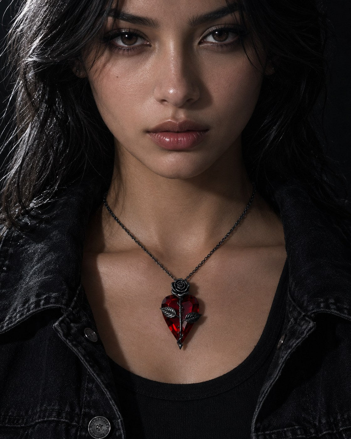 The Pomence Blood Rose Necklace worn over a black tee under a denim jacket, the red heart catching the light
