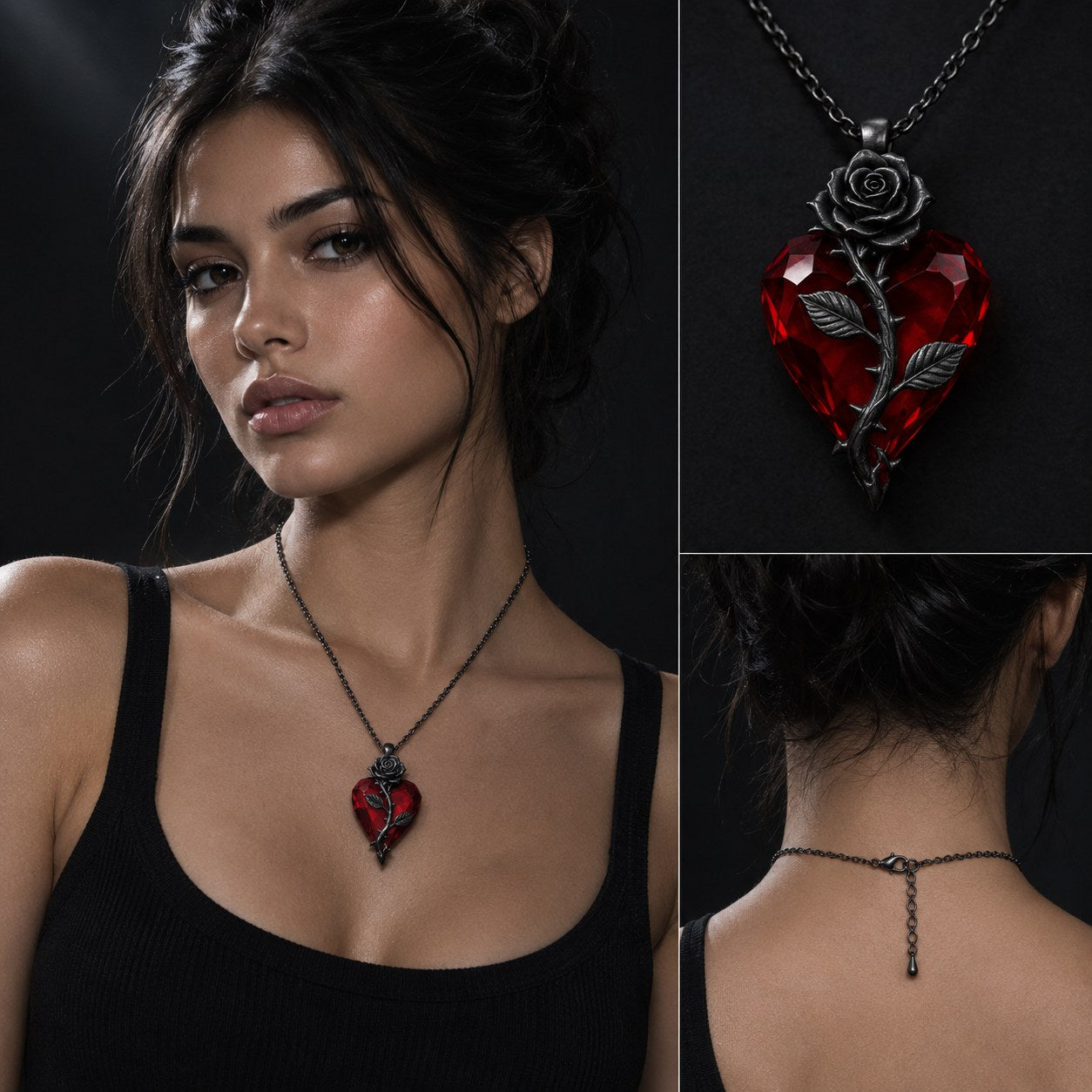 A young woman wearing the Pomence Blood Rose Necklace, the lobster clasp and extender tail at the nape of her neck