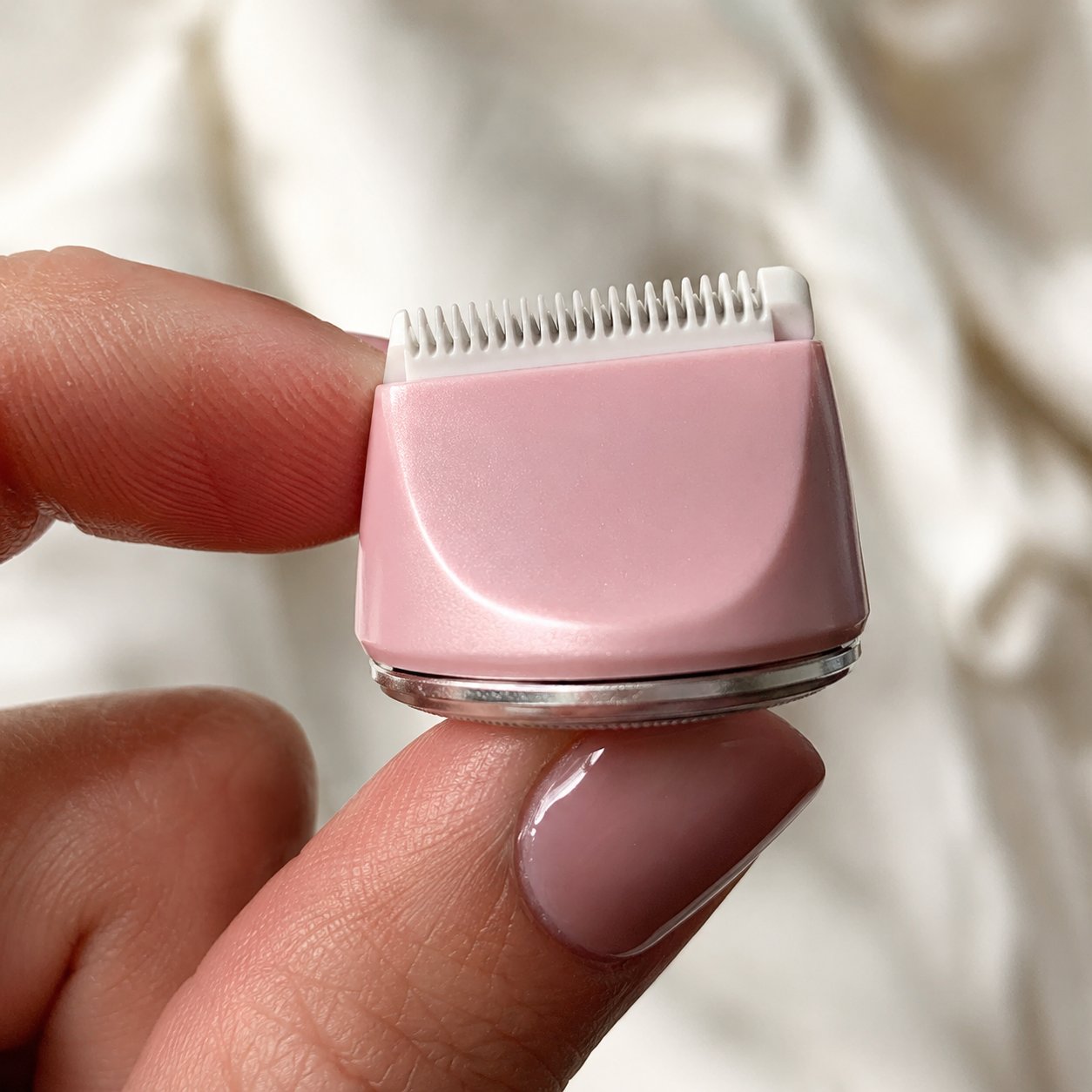Close-up of the rounded precision blade head of the Pomence 2-in-1 Bikini Trimmer