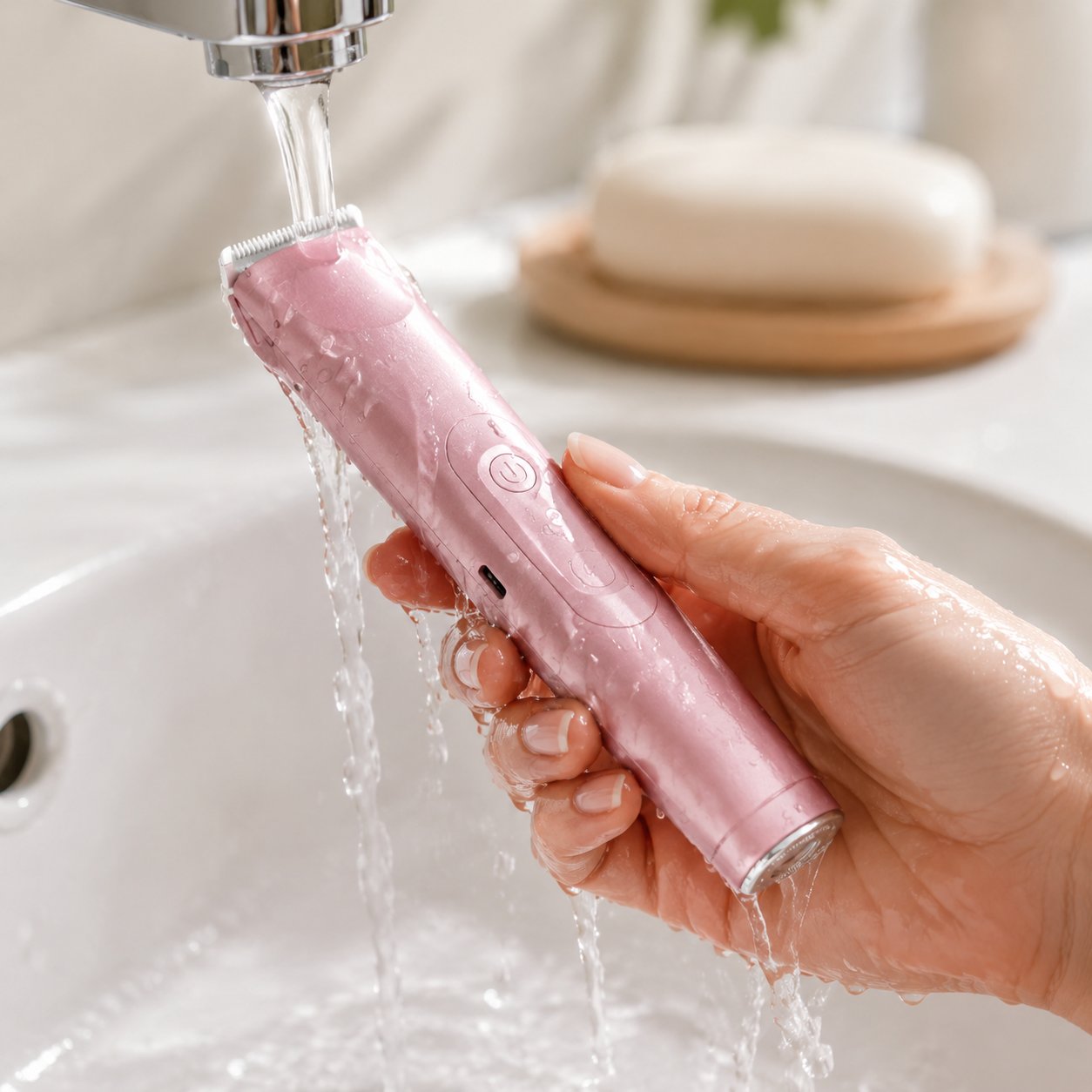Pomence 2-in-1 Bikini Trimmer held under a running tap, rinsing the head clean