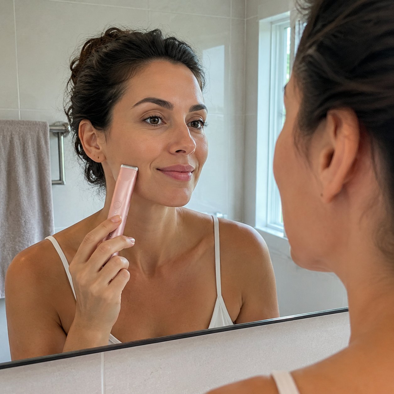Woman using the facial head of the Pomence 2-in-1 Bikini Trimmer at a mirror