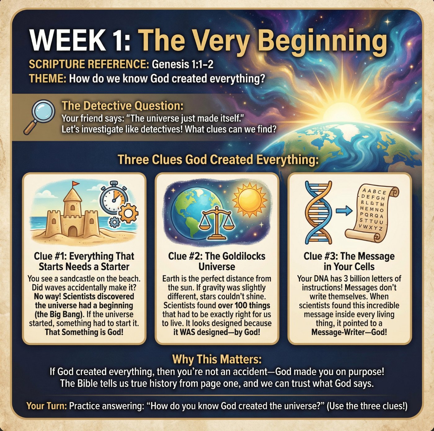 Sample lesson page, Week 1: The Very Beginning, detective-style evidence format