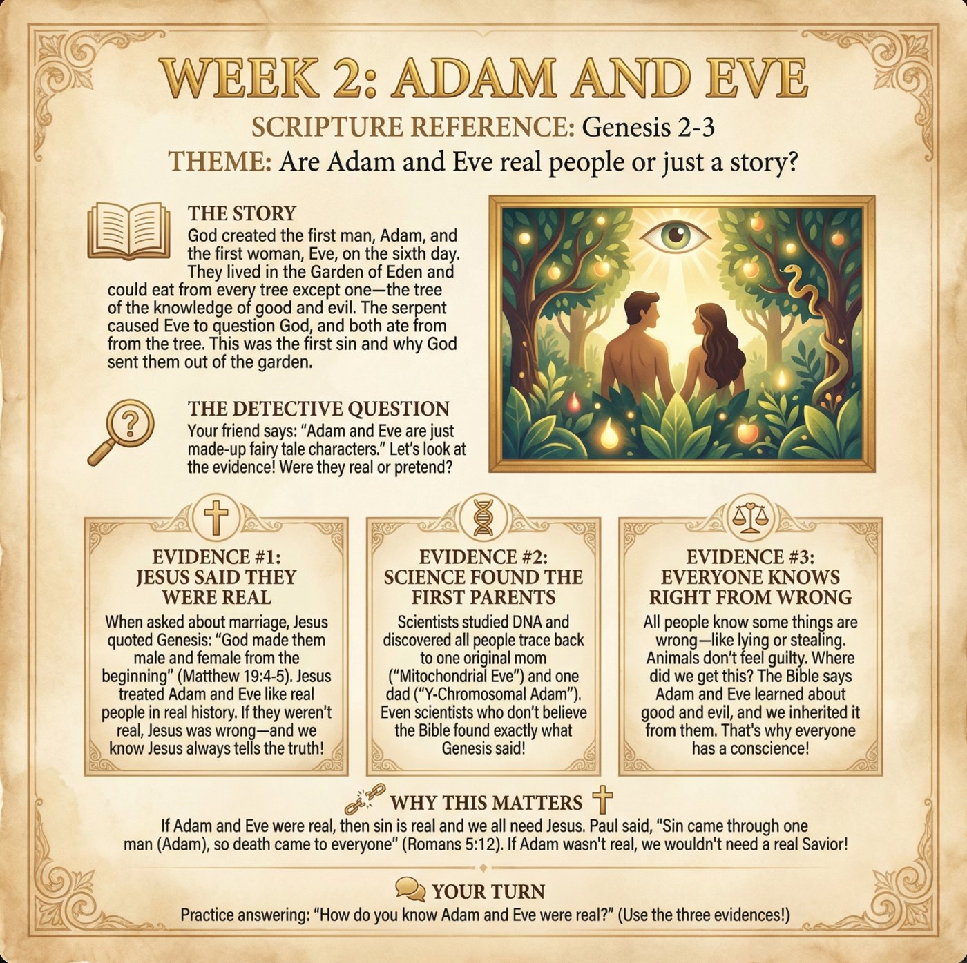 Sample lesson page, Week 2: Adam and Eve, three evidence cards