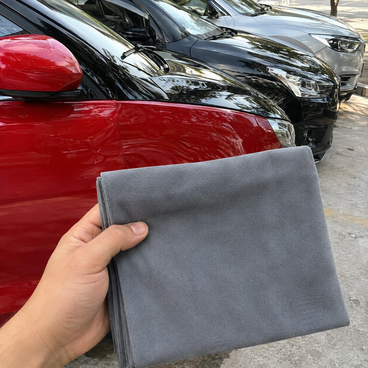 Car Cloth held up in front of red, black, and silver cars