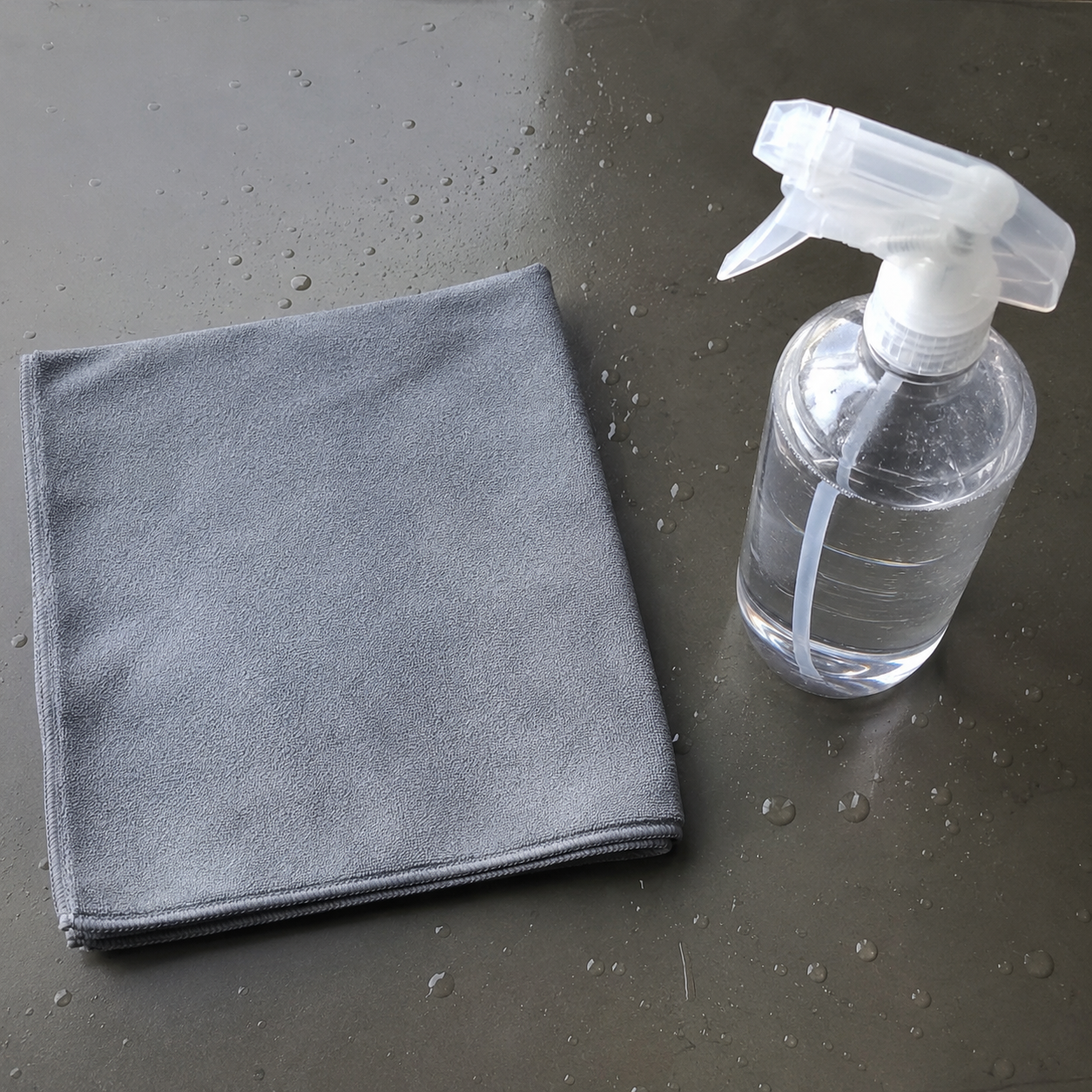 Car Cloth beside a spray bottle of plain water