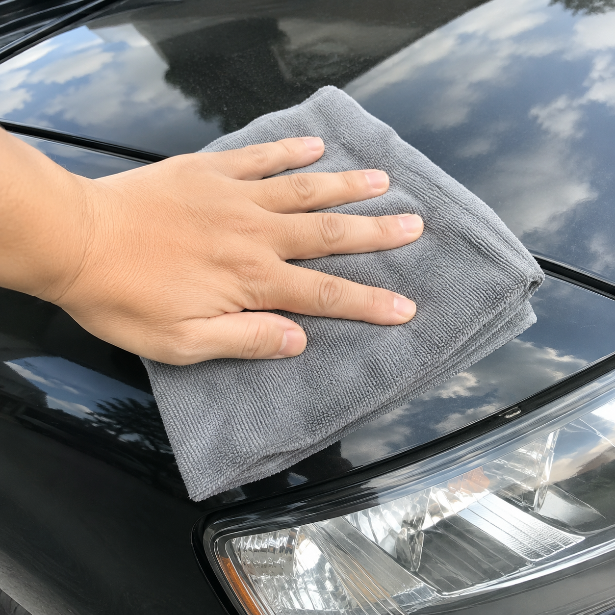 Car Cloth wiping a black hood near the headlight