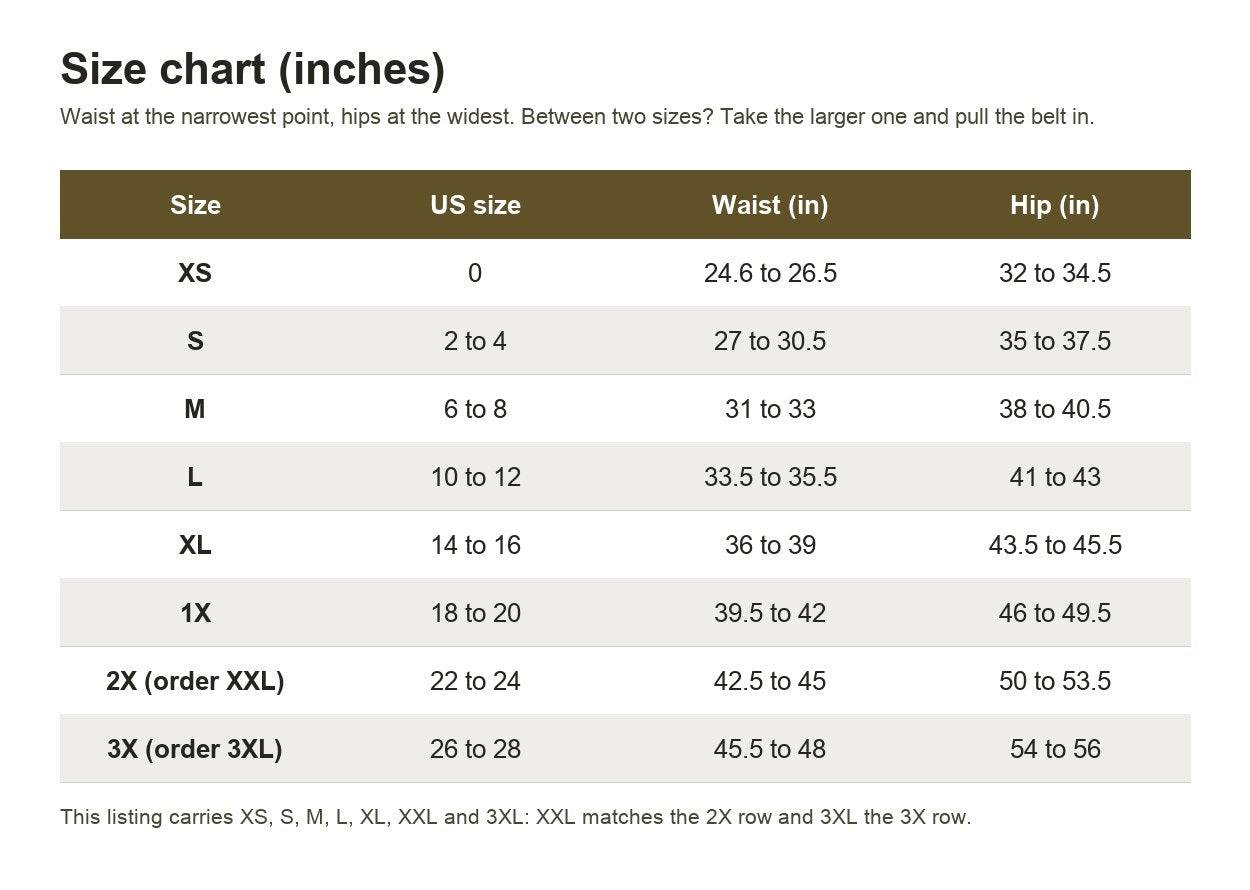 Size chart in inches: XS to 3X with US size, waist and hip