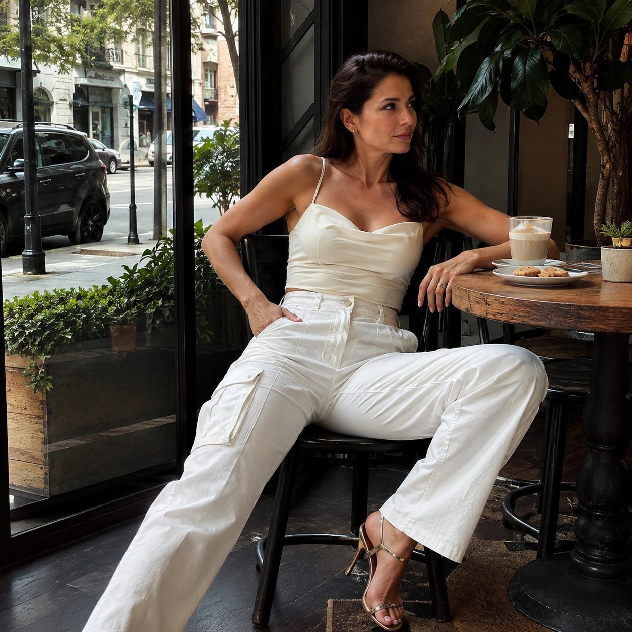 Woman at a cafe table in white cargo pants and heels