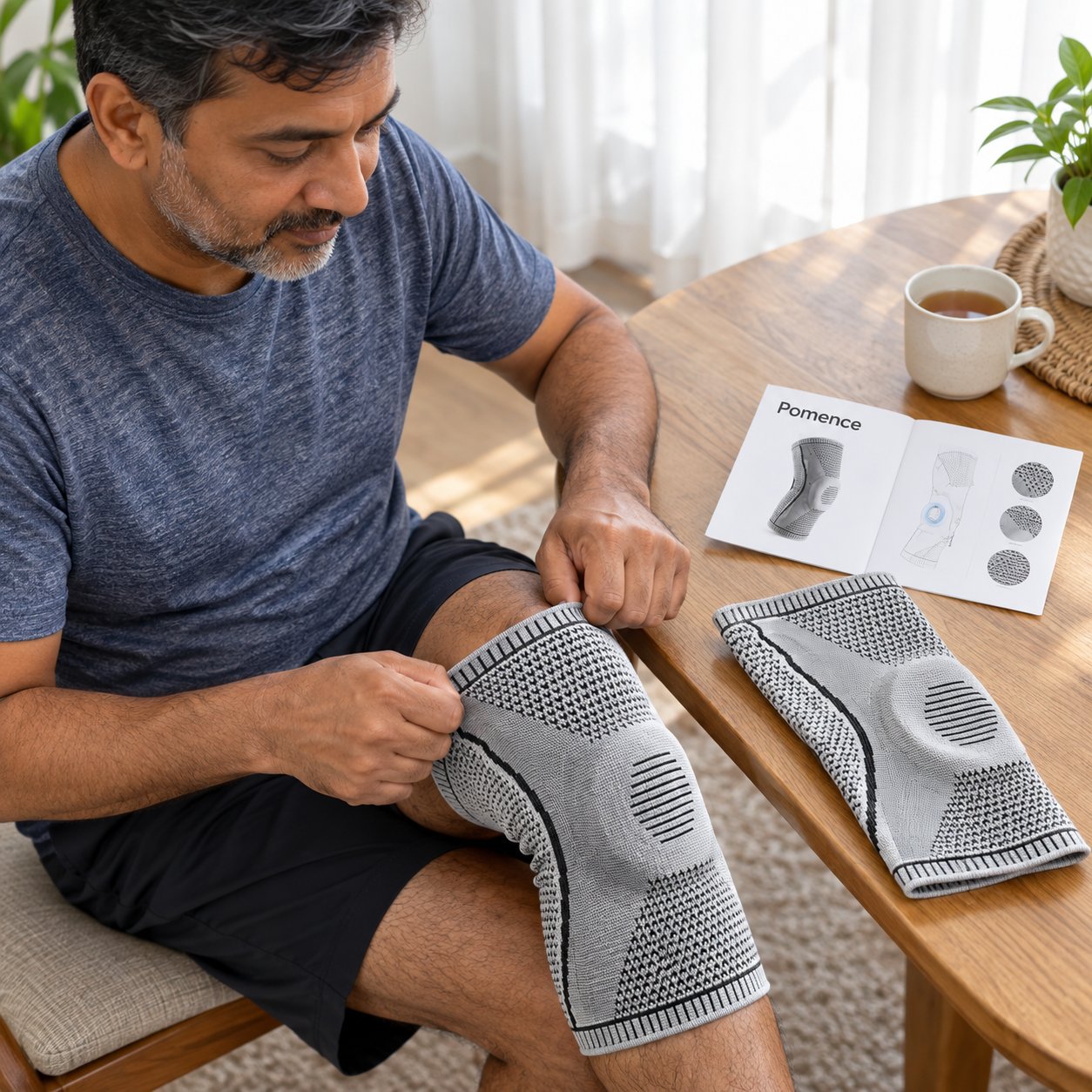 The knee sleeve laid flat, gray and black