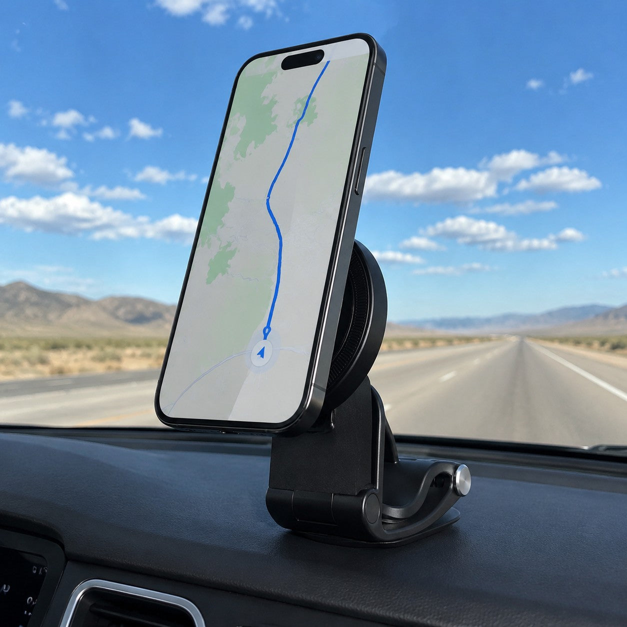 Phone mounted showing a road trip GPS route on a long highway drive