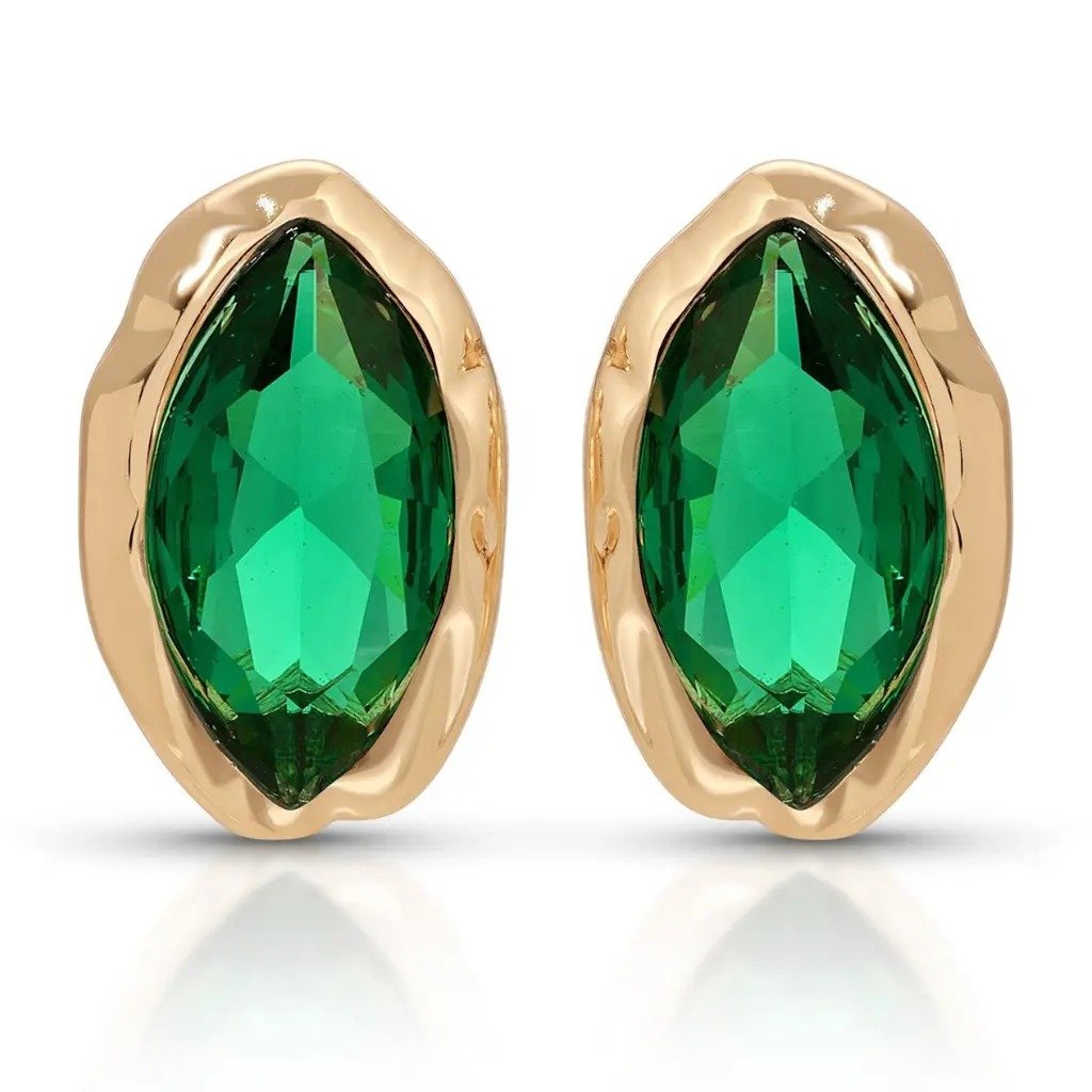 The Pomence Crystal Mini Stud Earrings in emerald crystal, the pair shown on a plain white background